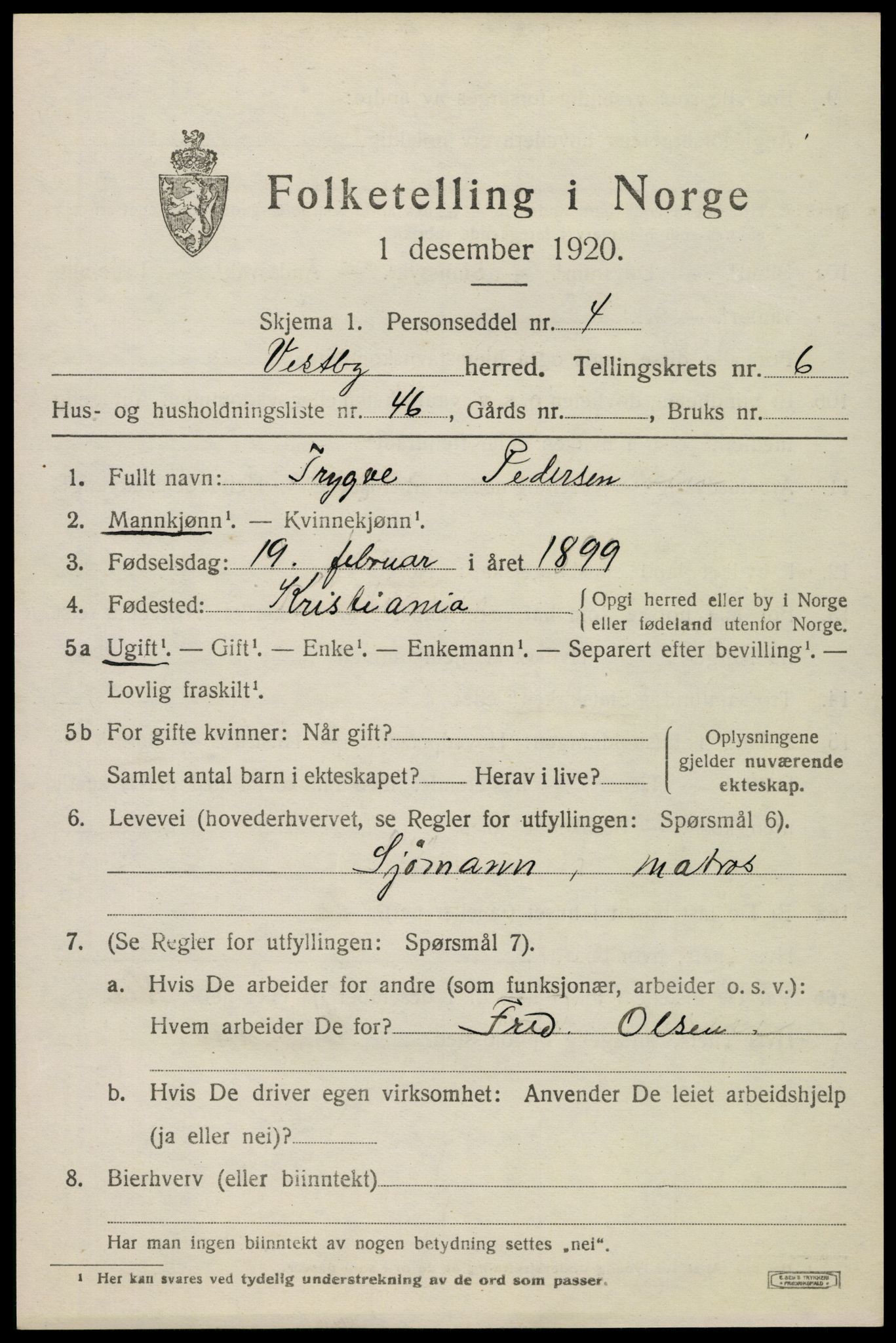 SAO, 1920 census for Vestby, 1920, p. 7279