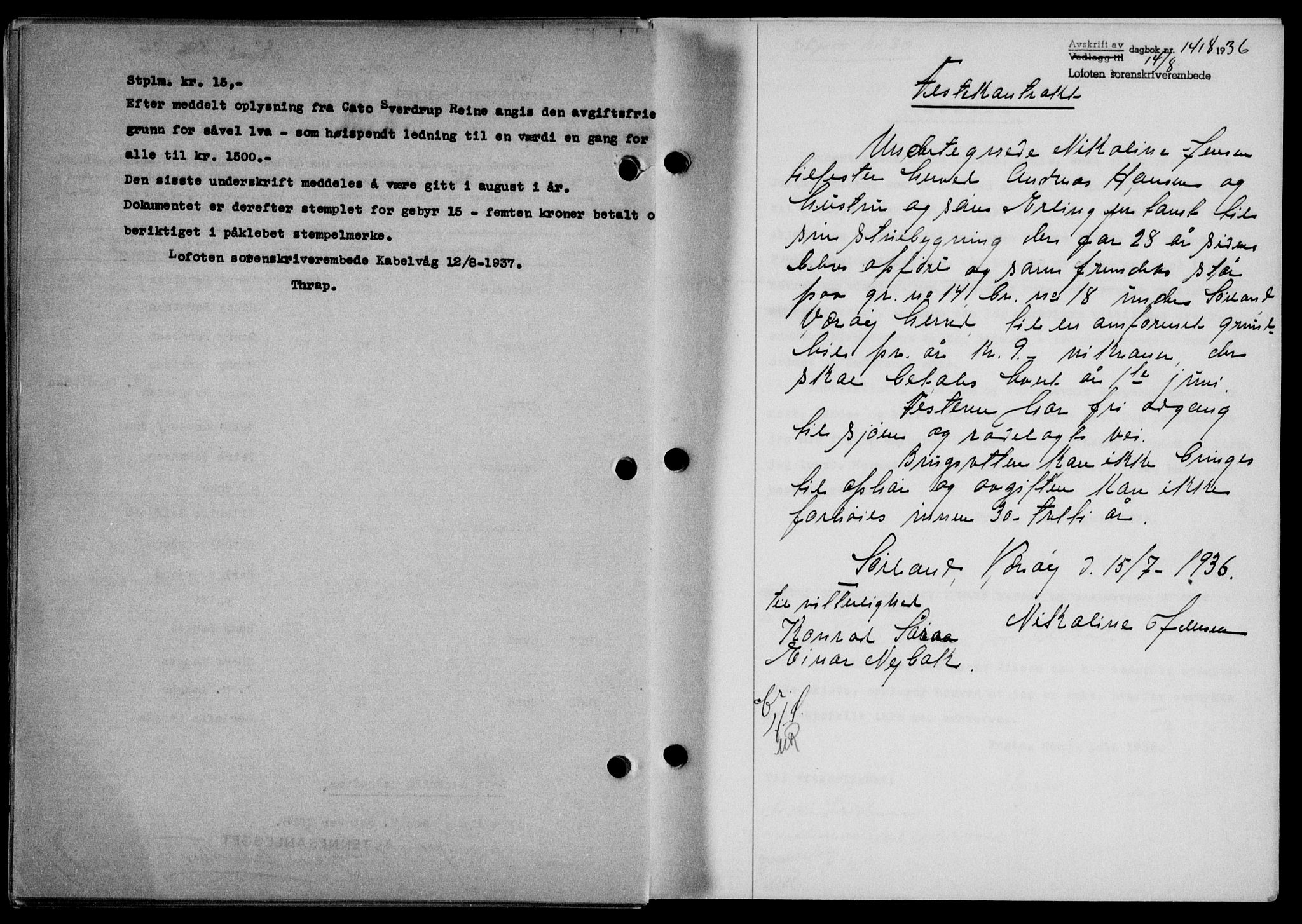 Lofoten sorenskriveri, SAT/A-0017/1/2/2C/L0001a: Mortgage book no. 1a, 1936-1937, Diary no: : 1418/1936