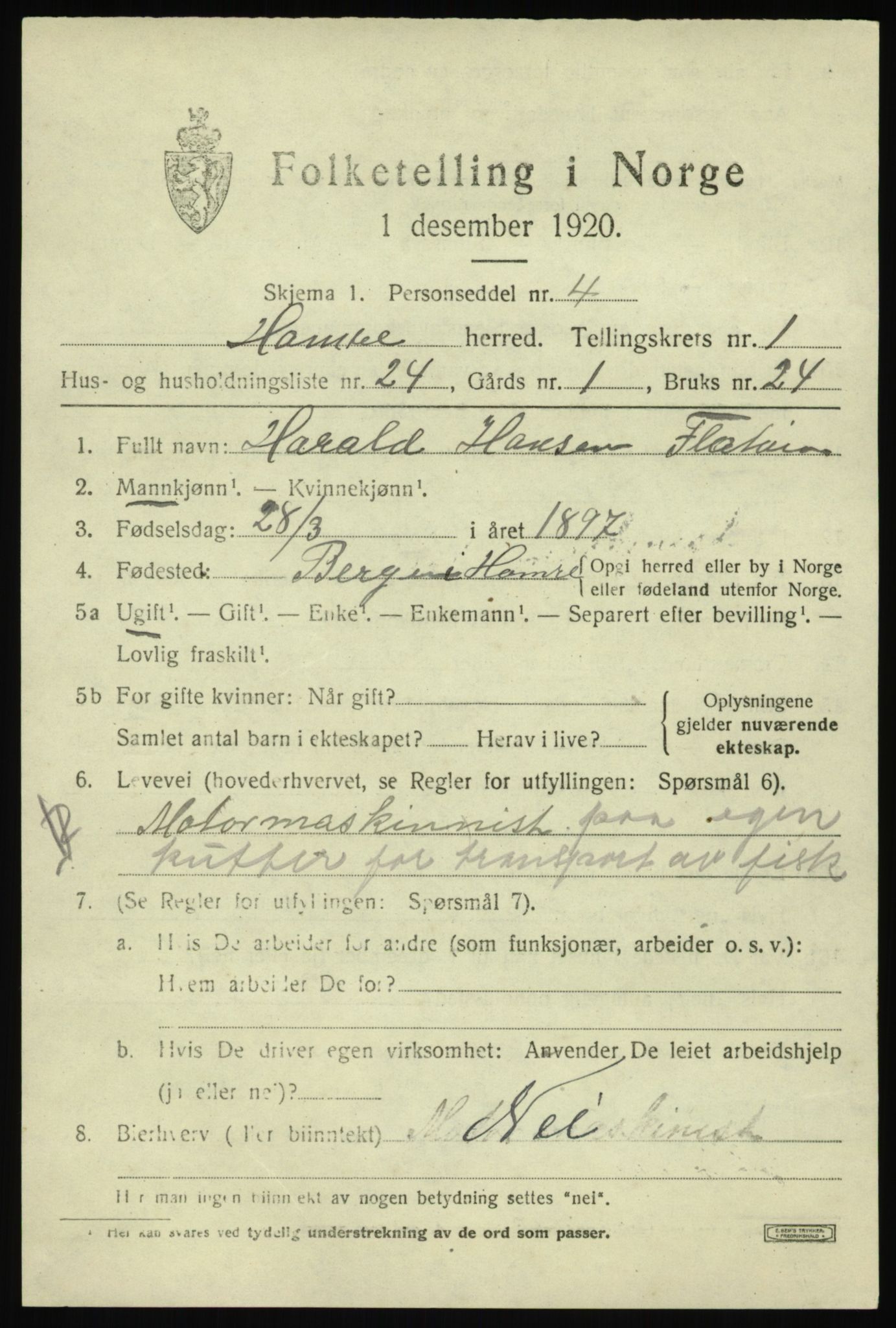 SAB, 1920 census for Hamre, 1920, p. 1249