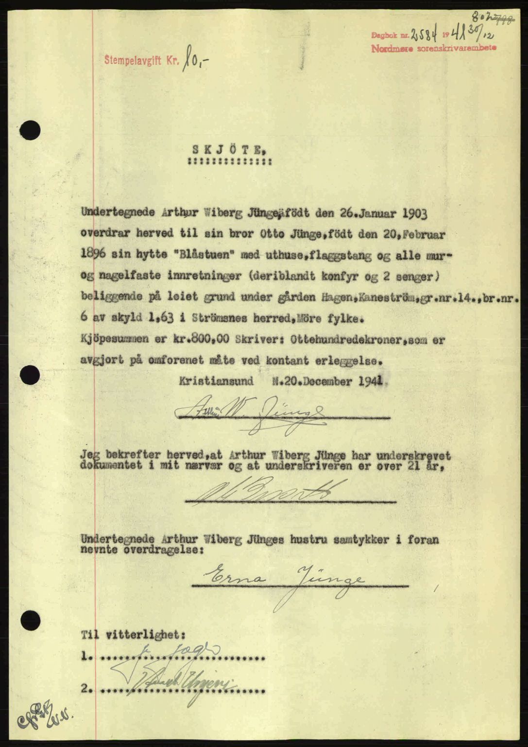 Nordmøre sorenskriveri, AV/SAT-A-4132/1/2/2Ca: Mortgage book no. A91, 1941-1942, Diary no: : 2584/1941