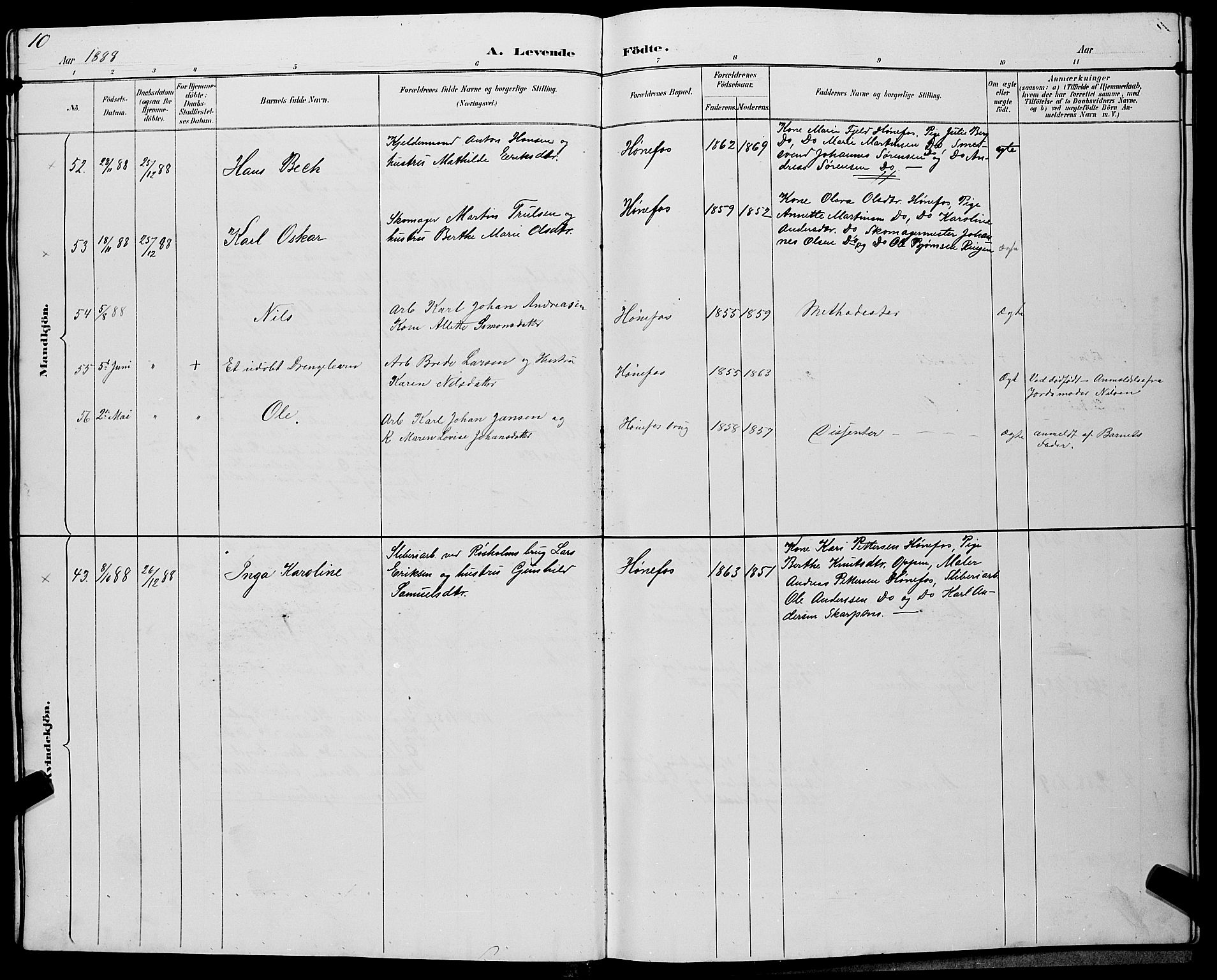 Hønefoss kirkebøker, AV/SAKO-A-609/G/Ga/L0002: Parish register (copy) no. 2, 1888-1904, p. 10