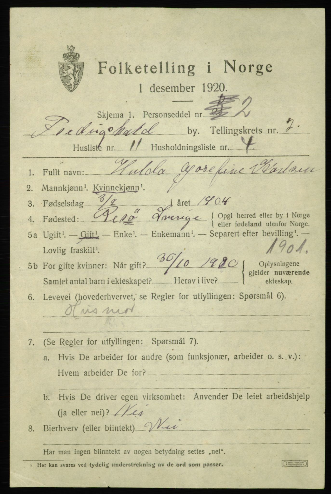 SAO, 1920 census for Fredrikshald, 1920, p. 9484