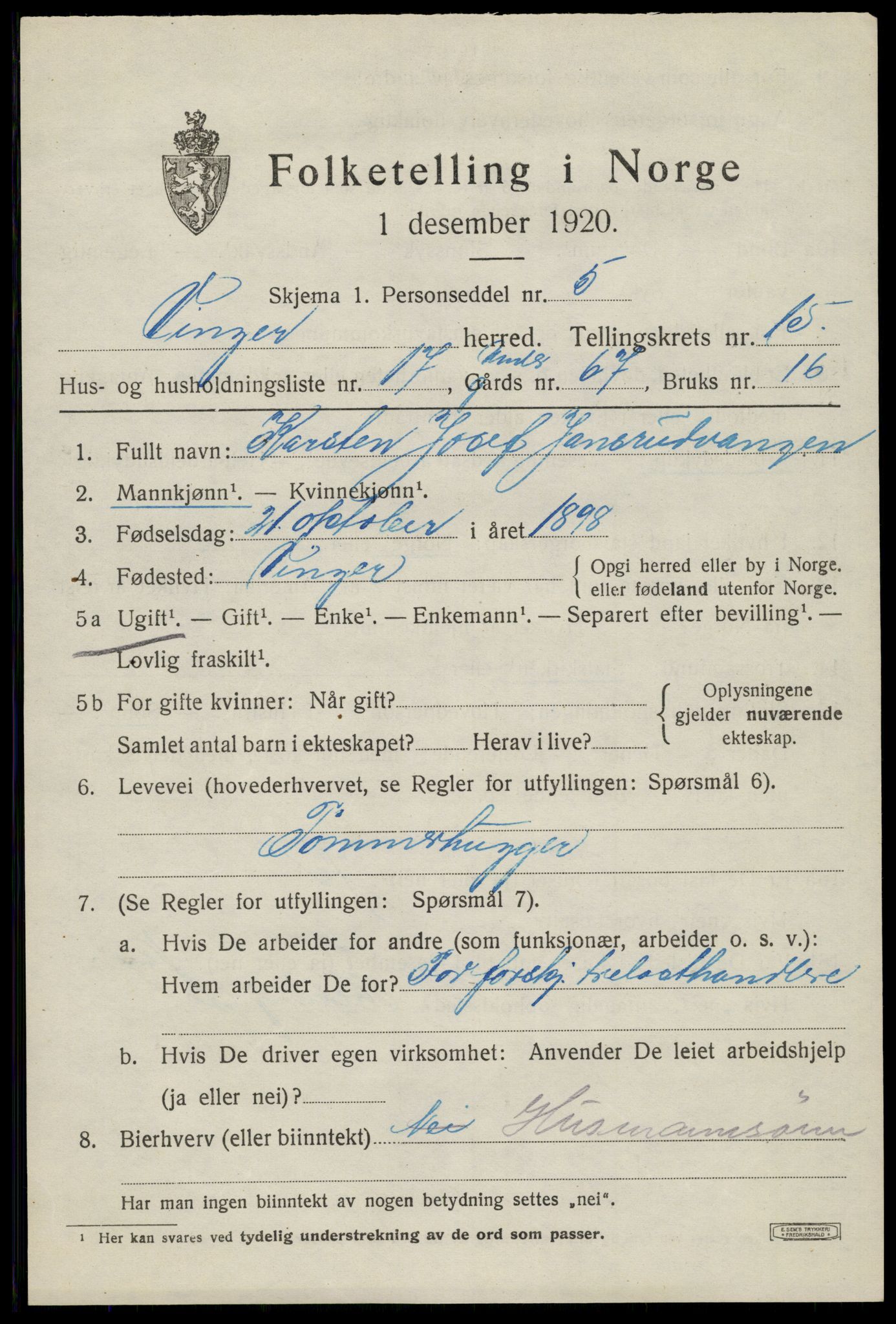 SAH, 1920 census for Vinger, 1920, p. 11876