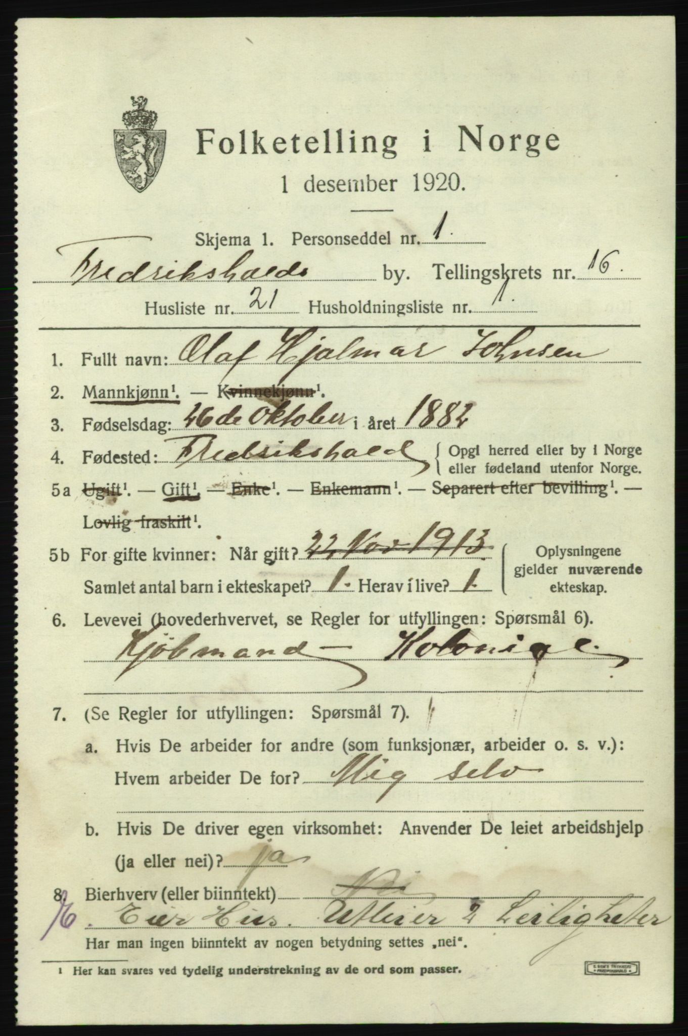 SAO, 1920 census for Fredrikshald, 1920, p. 25485