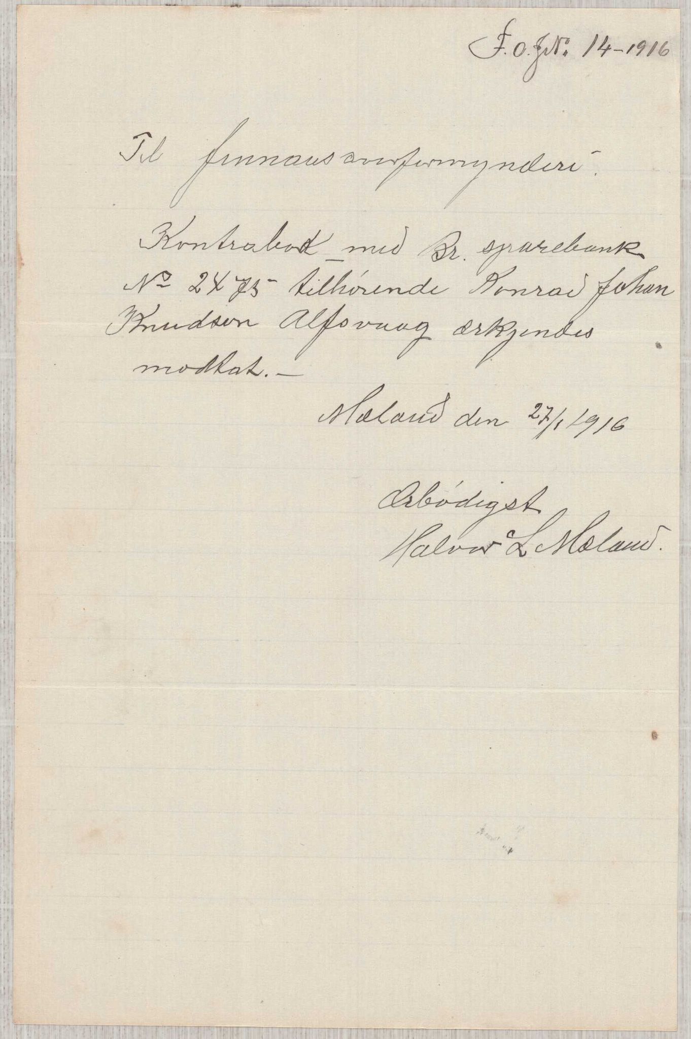 Finnaas kommune. Overformynderiet, IKAH/1218a-812/D/Da/Daa/L0003/0001: Kronologisk ordna korrespondanse / Kronologisk ordna korrespondanse, 1914-1916, p. 91