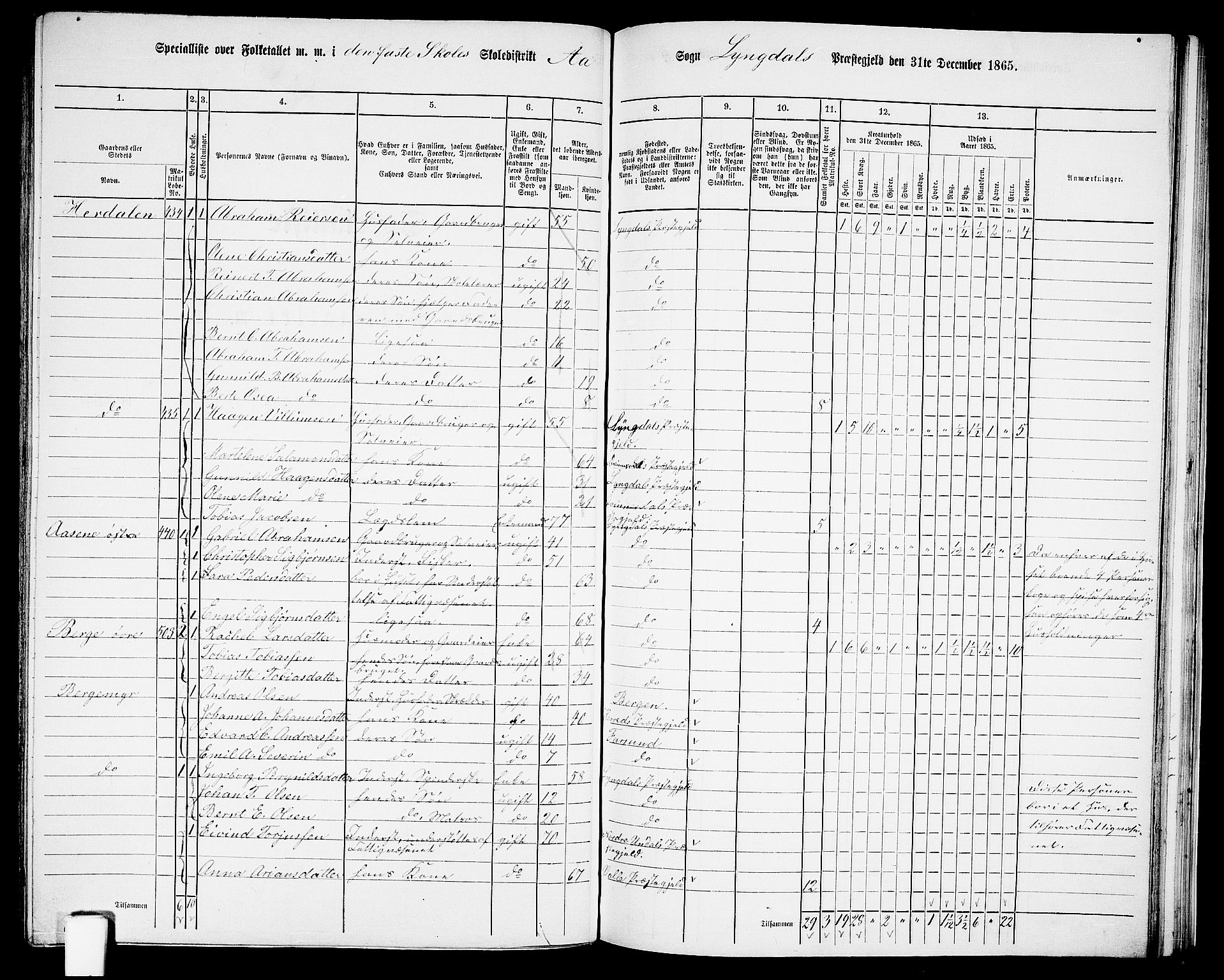 RA, 1865 census for Lyngdal, 1865, p. 197