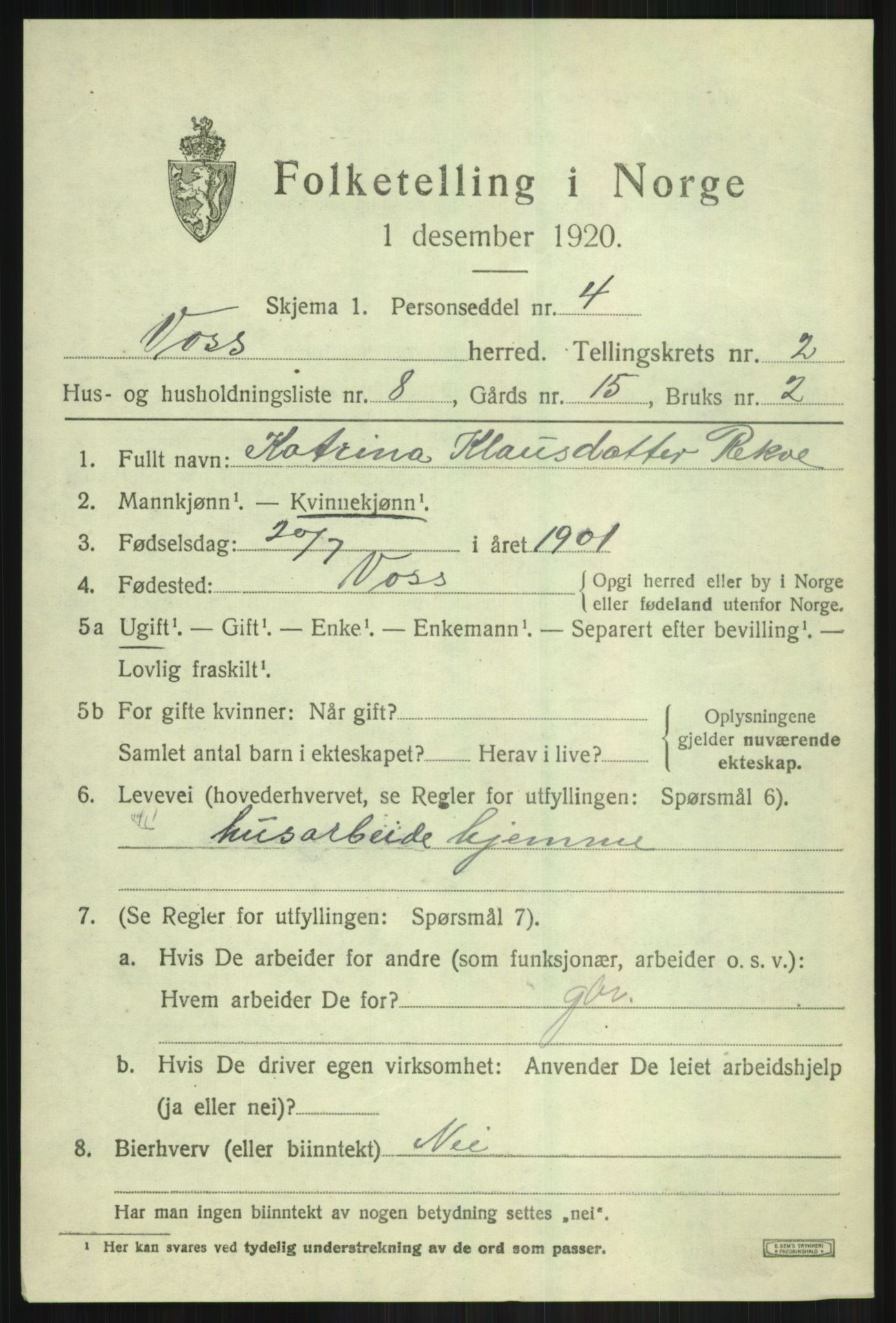 SAB, 1920 census for Voss, 1920, p. 3551