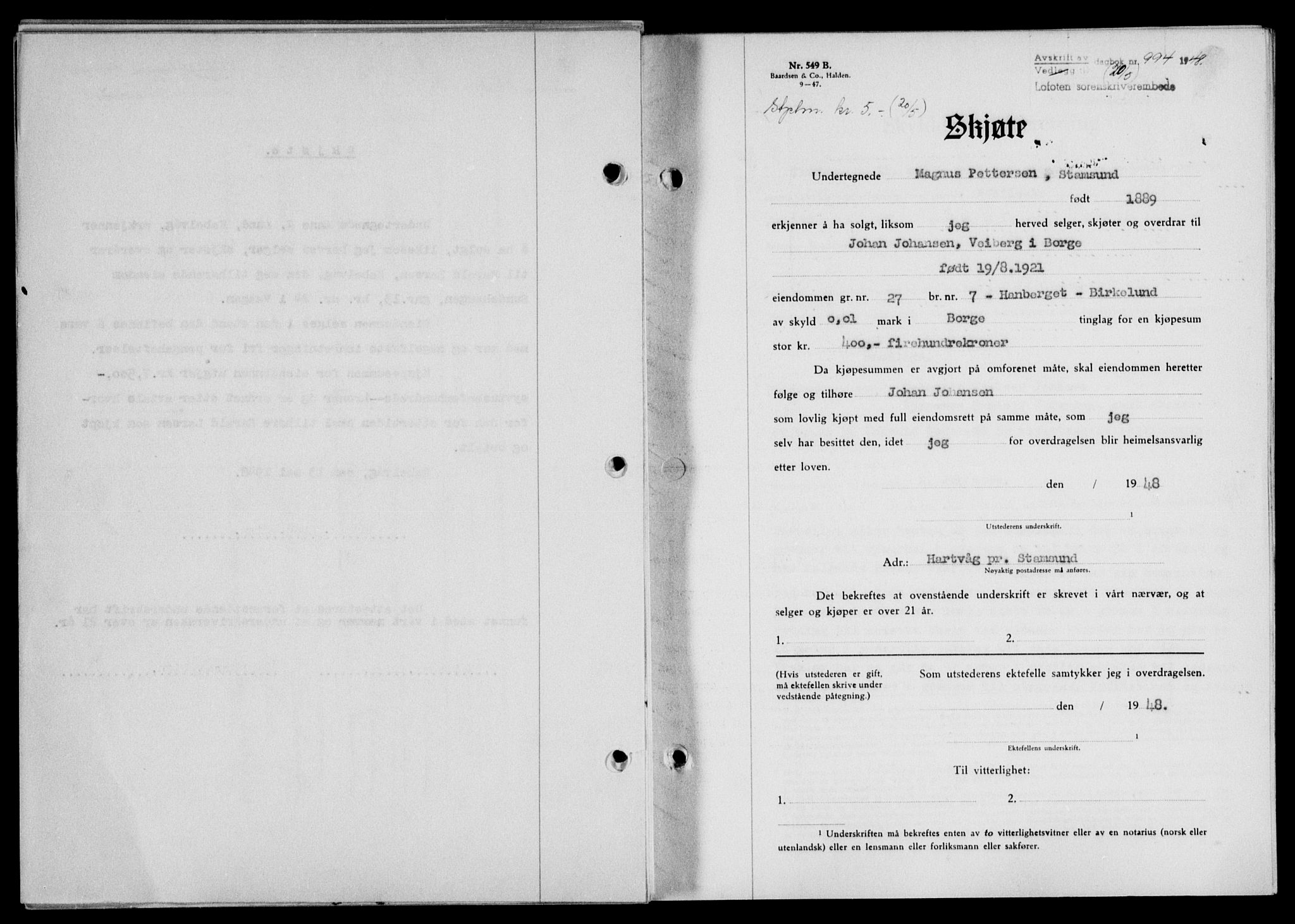 Lofoten sorenskriveri, SAT/A-0017/1/2/2C/L0018a: Mortgage book no. 18a, 1948-1948, Diary no: : 994/1948