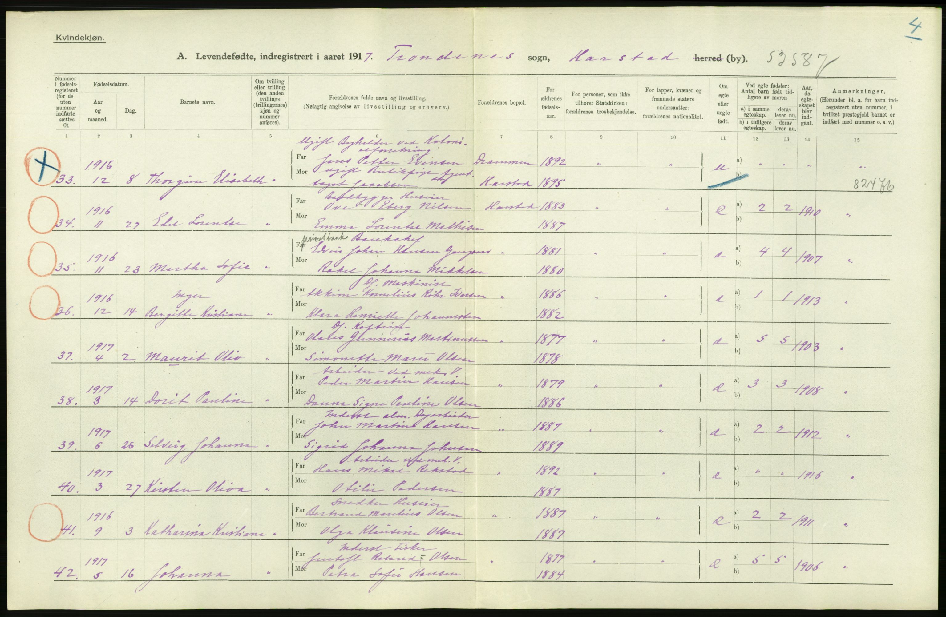 Statistisk sentralbyrå, Sosiodemografiske emner, Befolkning, RA/S-2228/D/Df/Dfb/Dfbg/L0053: Tromsø amt: Levendefødte menn og kvinner. Bygder og byer., 1917, p. 122