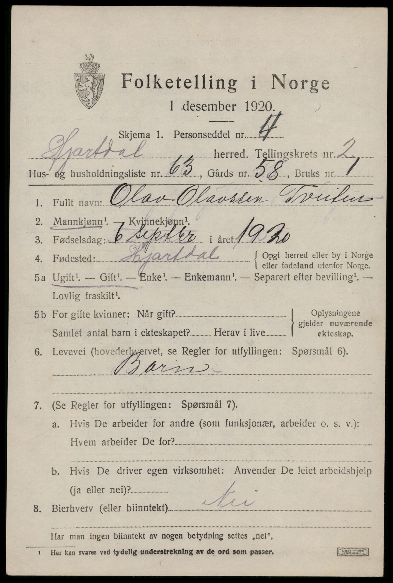 SAKO, 1920 census for Hjartdal, 1920, p. 2510