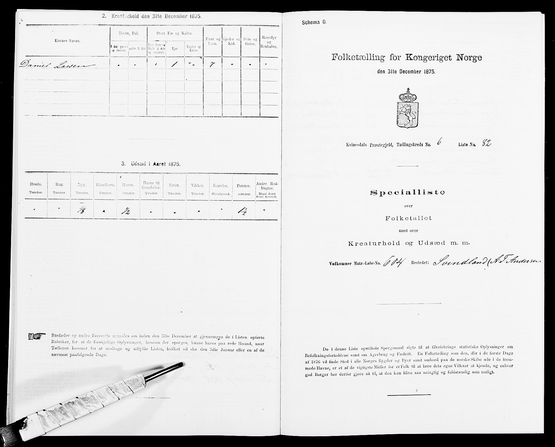 SAK, 1875 census for 1037P Kvinesdal, 1875, p. 1078