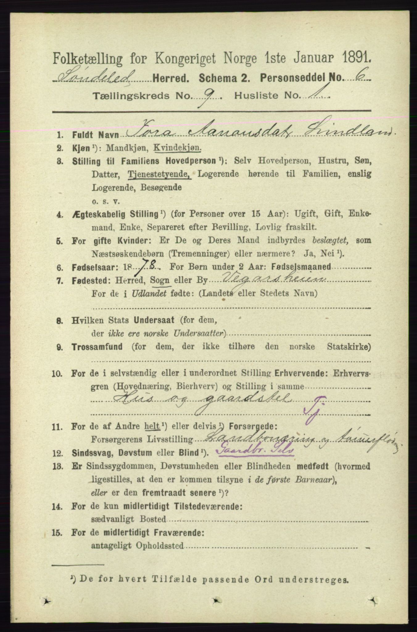 RA, 1891 census for 0913 Søndeled, 1891, p. 2867