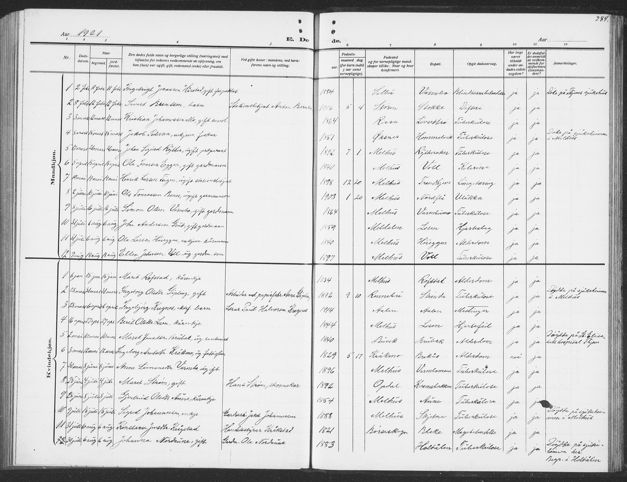 Ministerialprotokoller, klokkerbøker og fødselsregistre - Sør-Trøndelag, SAT/A-1456/691/L1095: Parish register (copy) no. 691C06, 1912-1933, p. 284