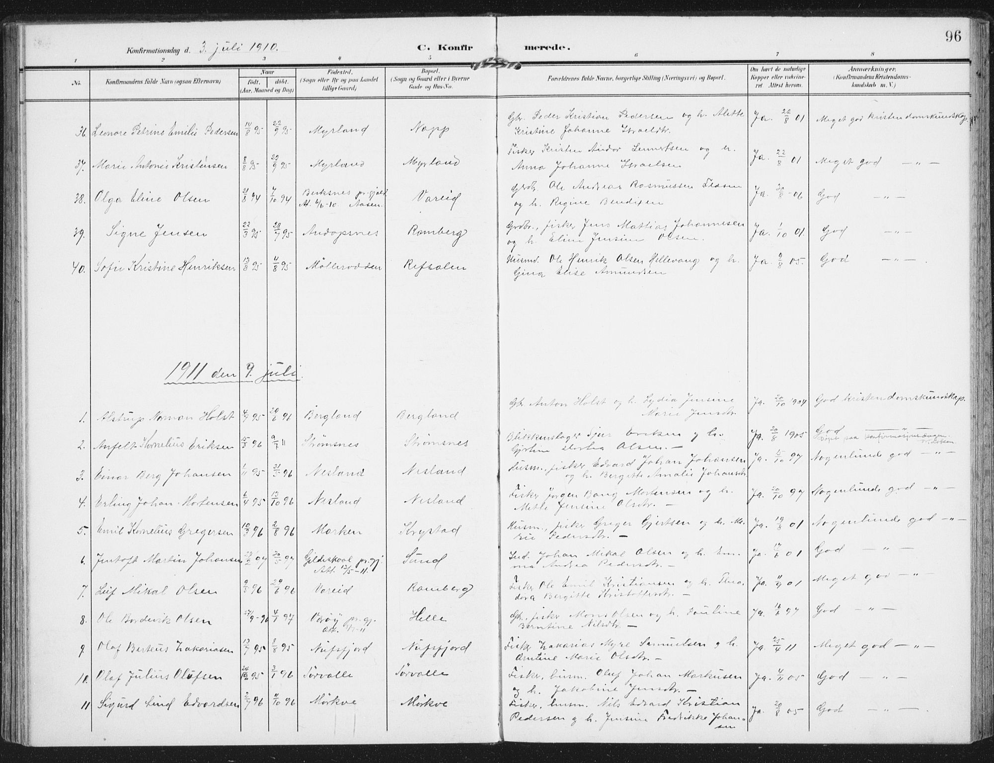 Ministerialprotokoller, klokkerbøker og fødselsregistre - Nordland, AV/SAT-A-1459/885/L1206: Parish register (official) no. 885A07, 1905-1915, p. 96