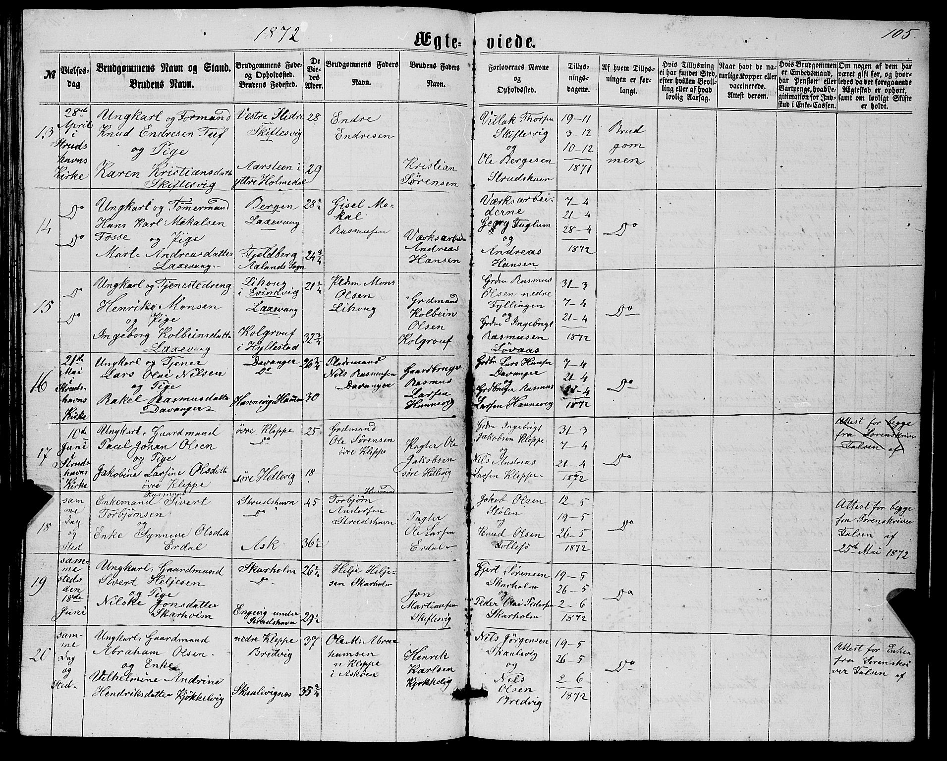 Askøy Sokneprestembete, AV/SAB-A-74101/H/Ha/Hab/Haba/L0006: Parish register (copy) no. A 6, 1861-1881, p. 105