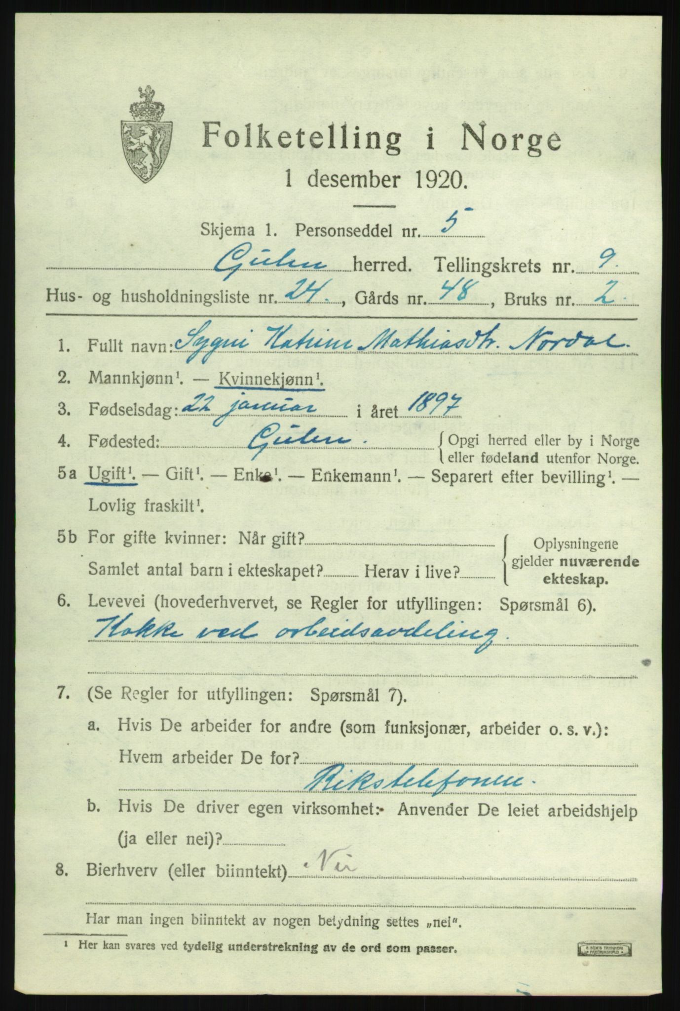 SAB, 1920 census for Gulen, 1920, p. 4225