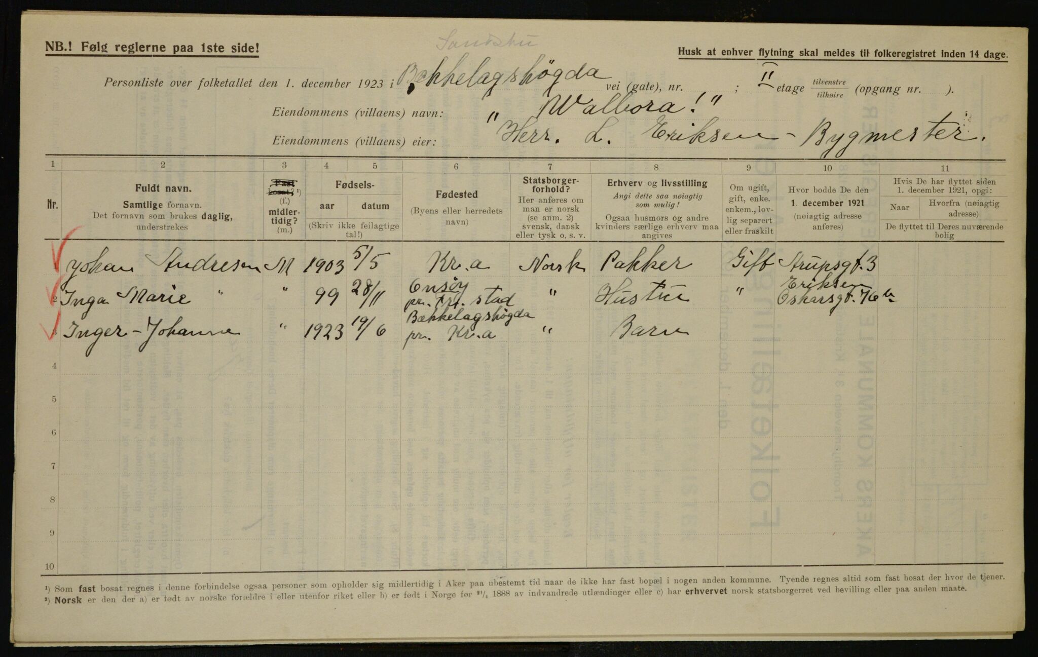 , Municipal Census 1923 for Aker, 1923, p. 45183