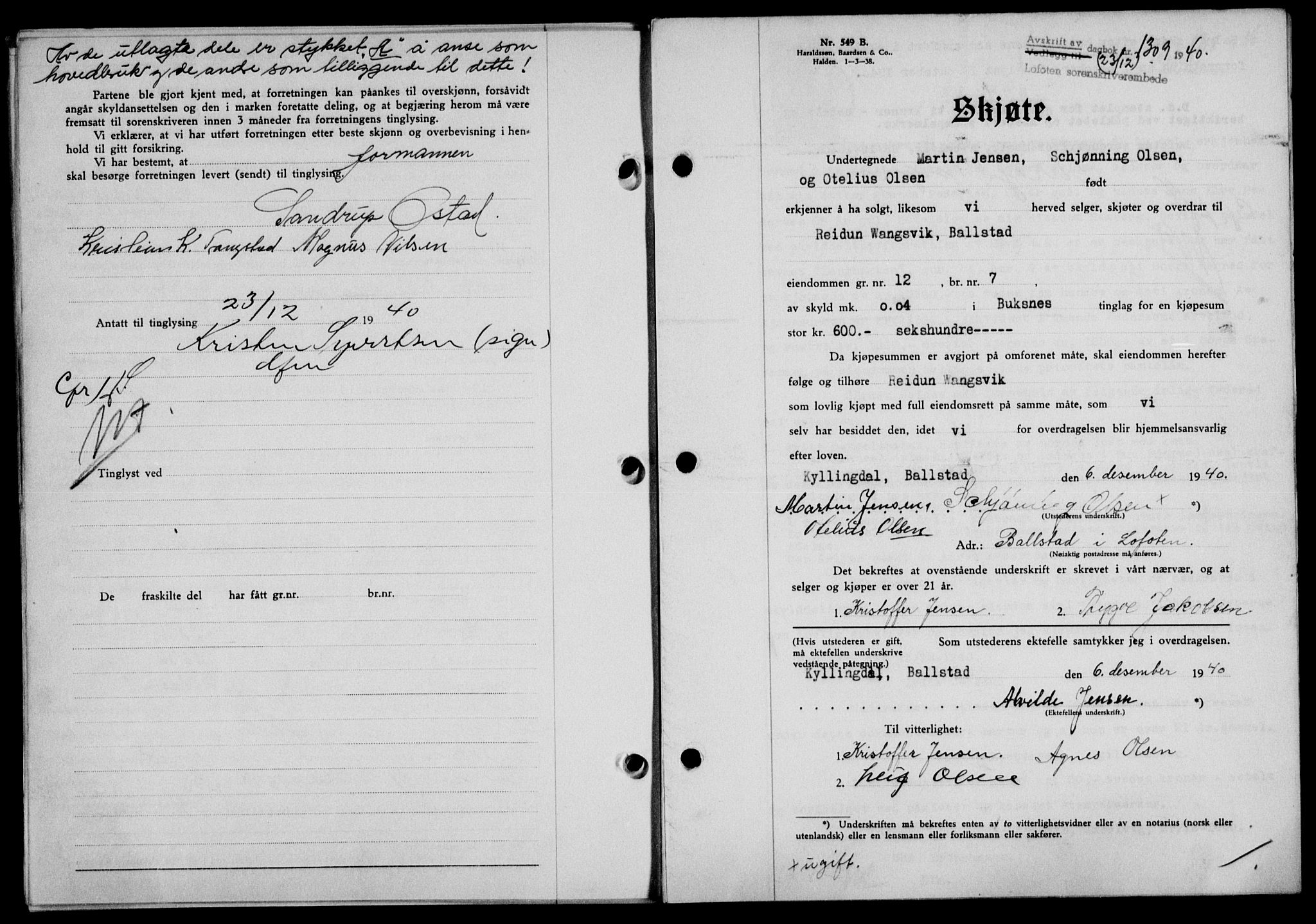 Lofoten sorenskriveri, SAT/A-0017/1/2/2C/L0008a: Mortgage book no. 8a, 1940-1941, Diary no: : 1309/1940