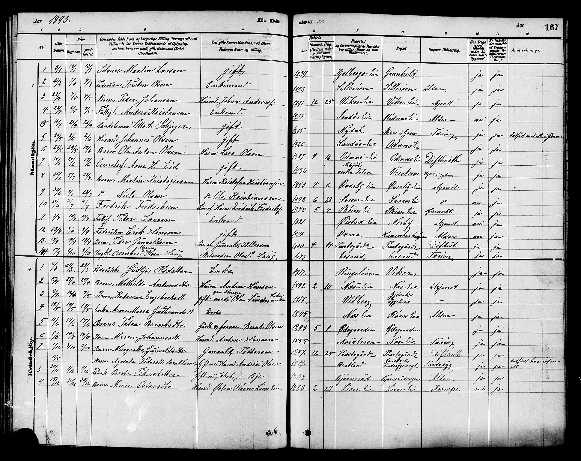 Søndre Land prestekontor, SAH/PREST-122/K/L0002: Parish register (official) no. 2, 1878-1894, p. 167