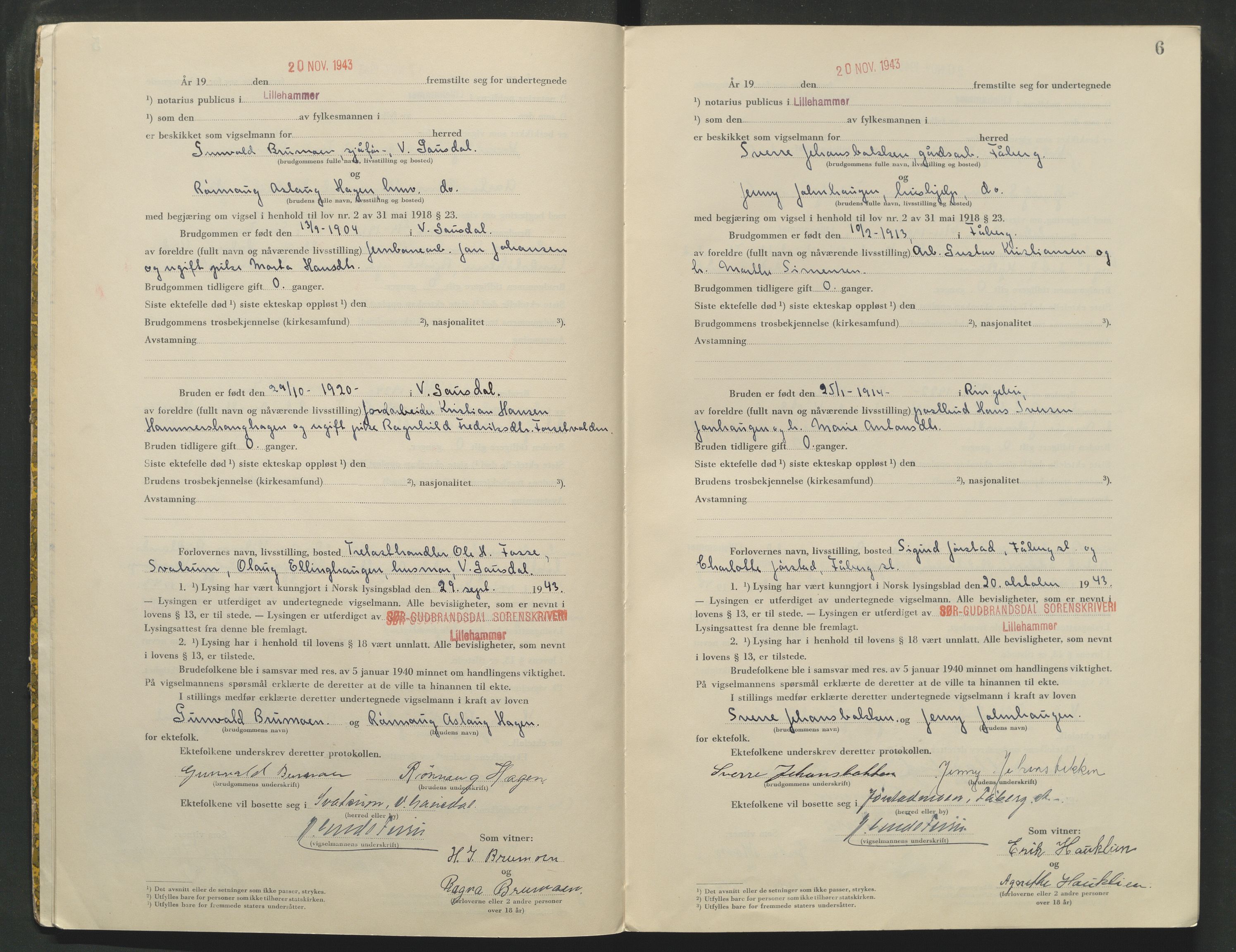 Sør-Gudbrandsdal tingrett, AV/SAH-TING-004/L/Lc/L0004: Vigselsprotokoll, 1943-1944, p. 6