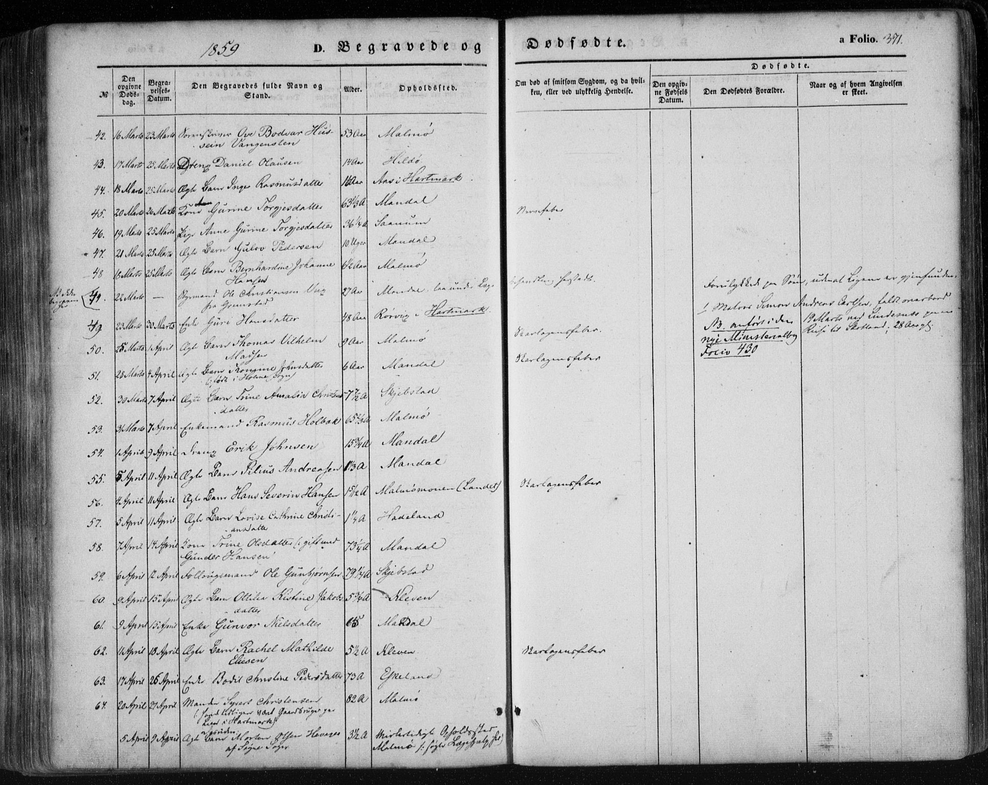 Mandal sokneprestkontor, AV/SAK-1111-0030/F/Fa/Faa/L0013: Parish register (official) no. A 13, 1847-1859, p. 371