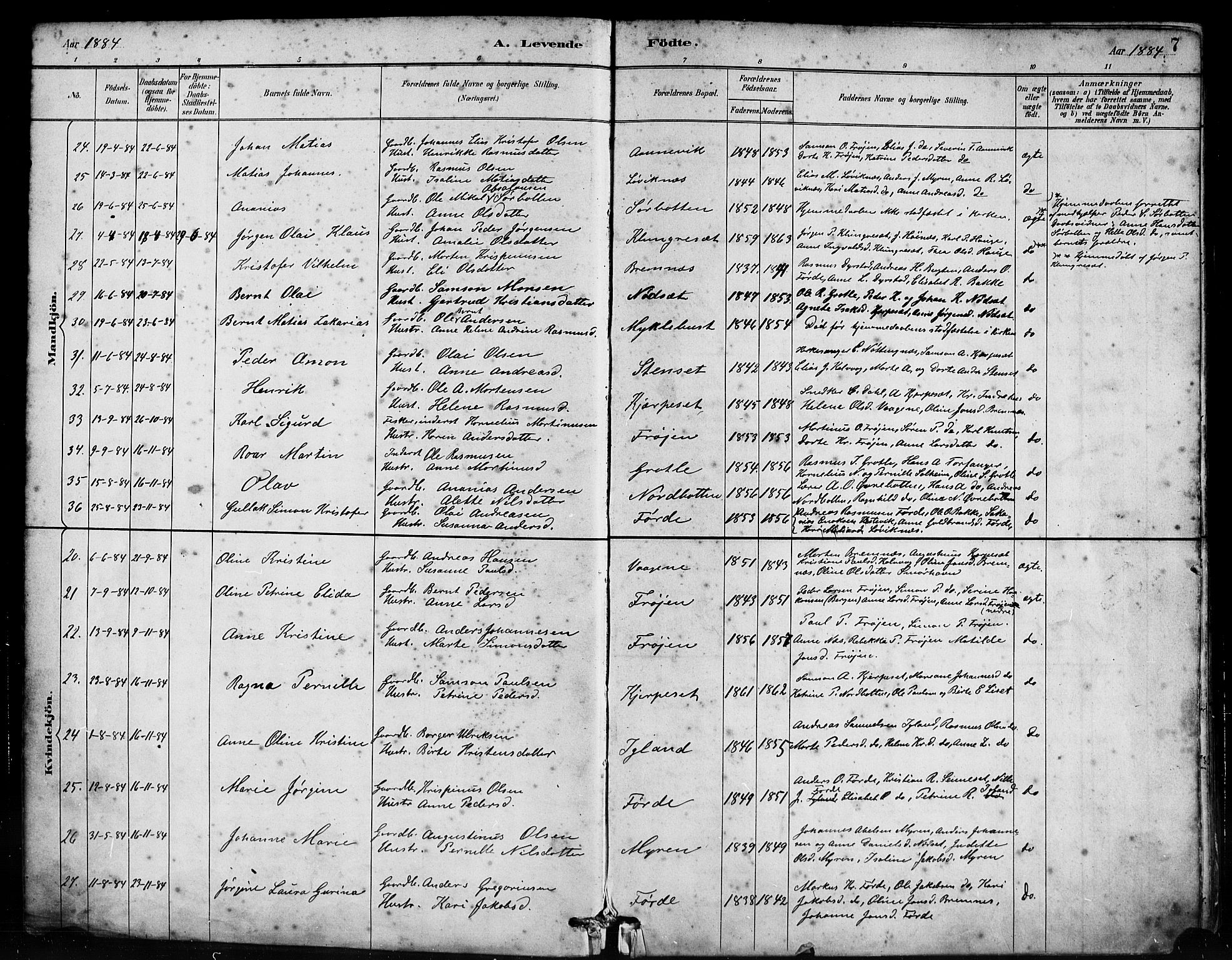 Bremanger sokneprestembete, AV/SAB-A-82201/H/Haa/Haab/L0001: Parish register (official) no. B 1, 1884-1895, p. 7