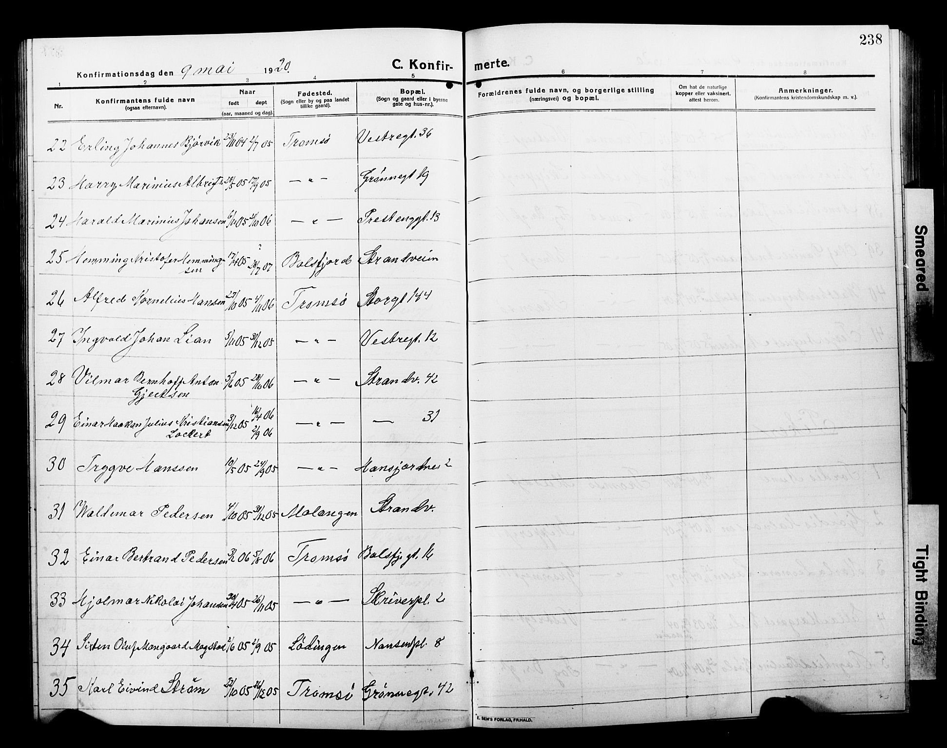 Tromsø sokneprestkontor/stiftsprosti/domprosti, AV/SATØ-S-1343/G/Gb/L0009klokker: Parish register (copy) no. 9, 1915-1925, p. 238