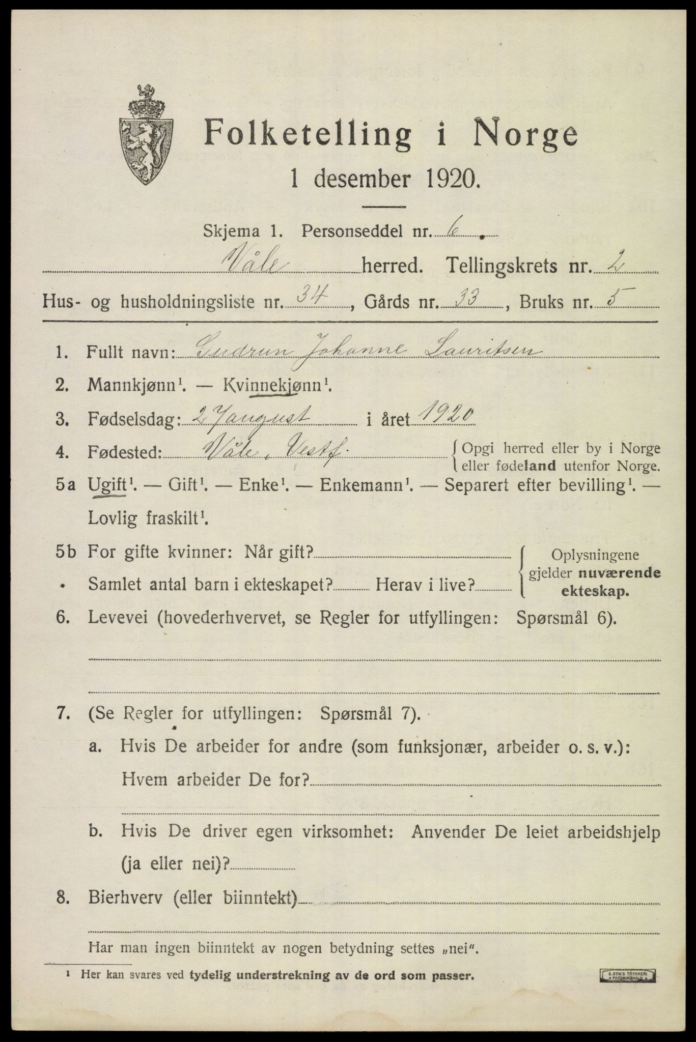 SAKO, 1920 census for Våle, 1920, p. 2292