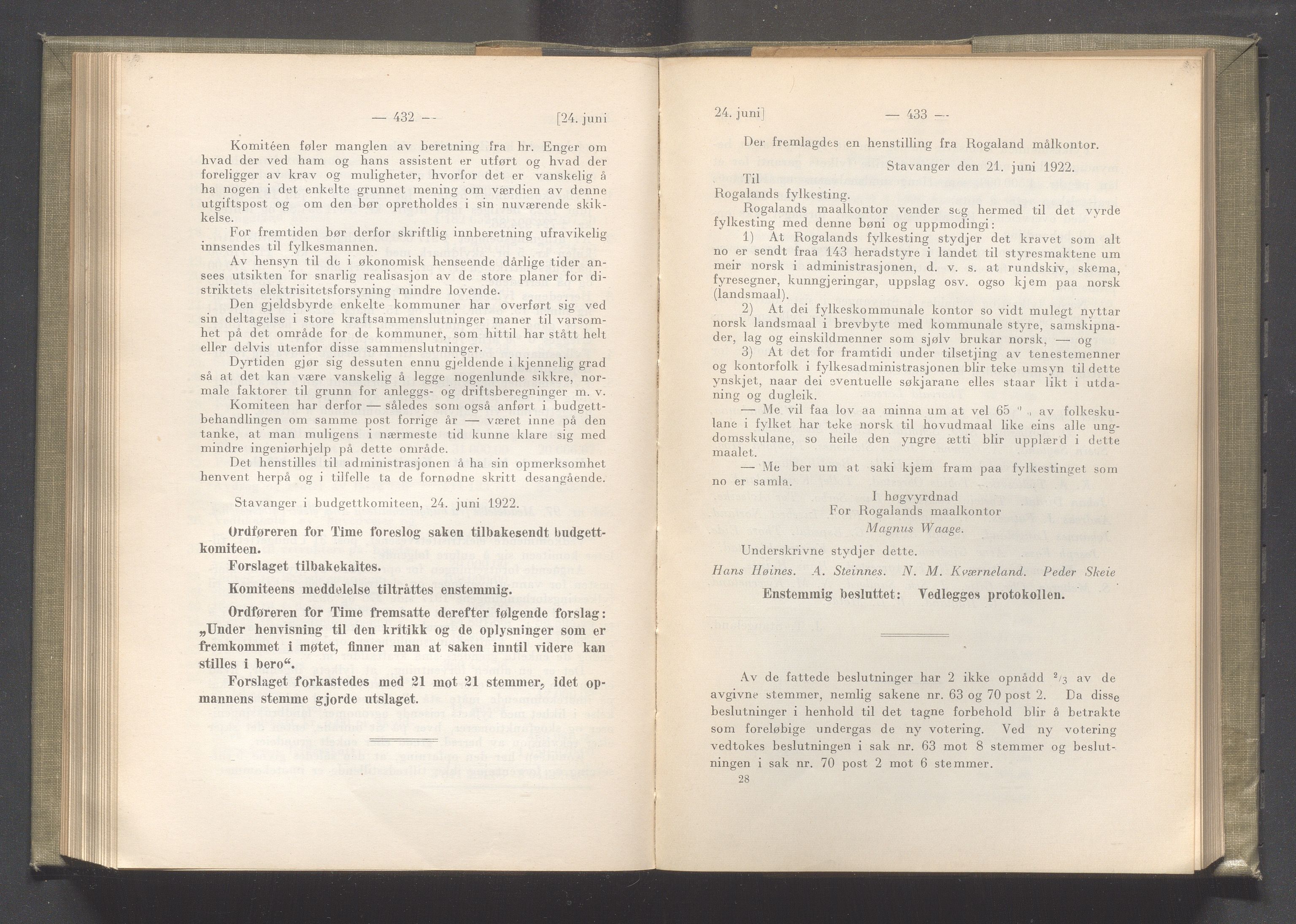 Rogaland fylkeskommune - Fylkesrådmannen , IKAR/A-900/A/Aa/Aaa/L0041: Møtebok , 1922, p. 432-433