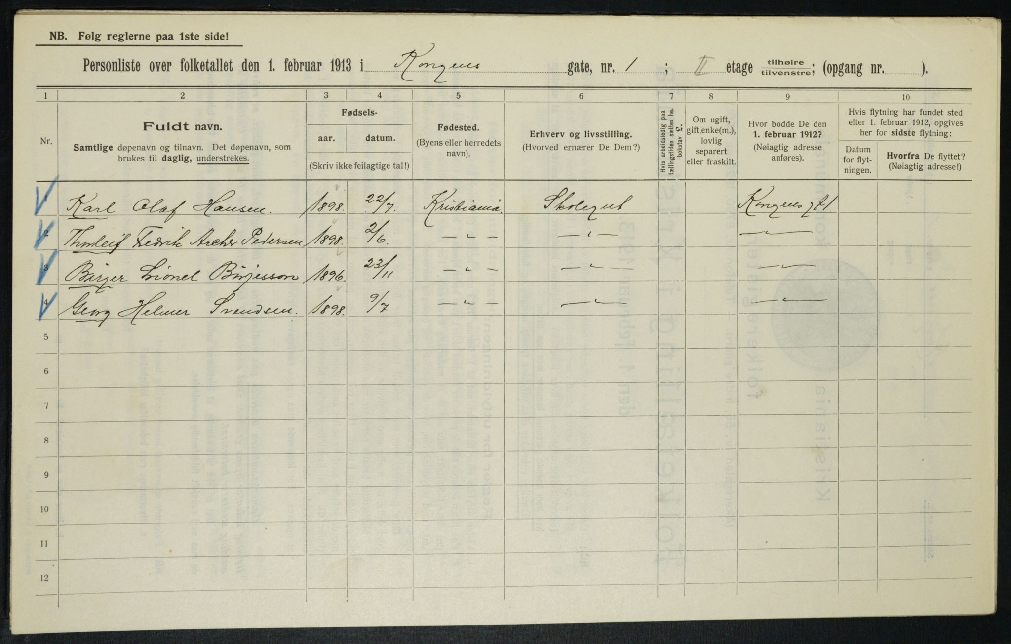 OBA, Municipal Census 1913 for Kristiania, 1913, p. 52155