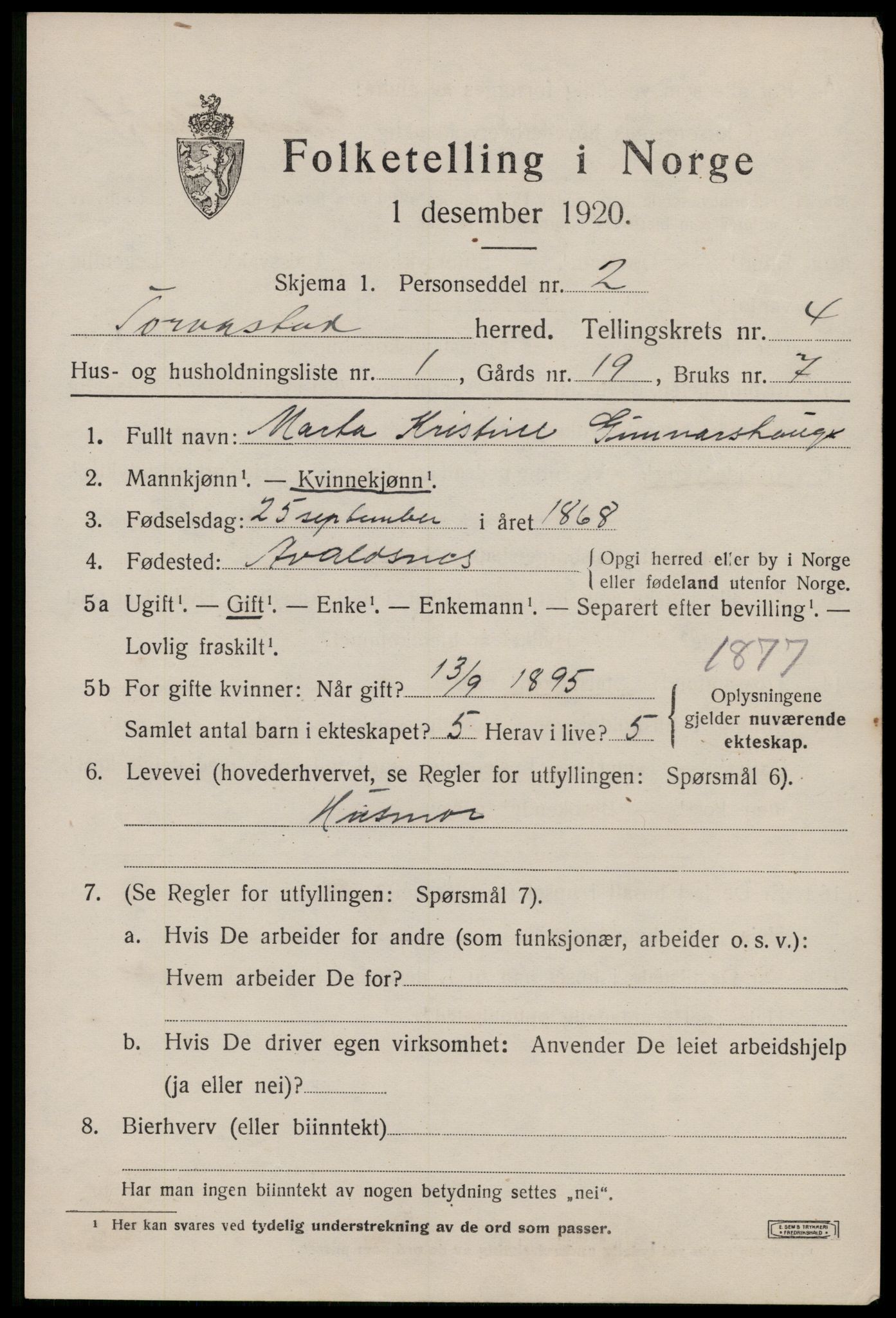 SAST, 1920 census for Torvastad, 1920, p. 3620