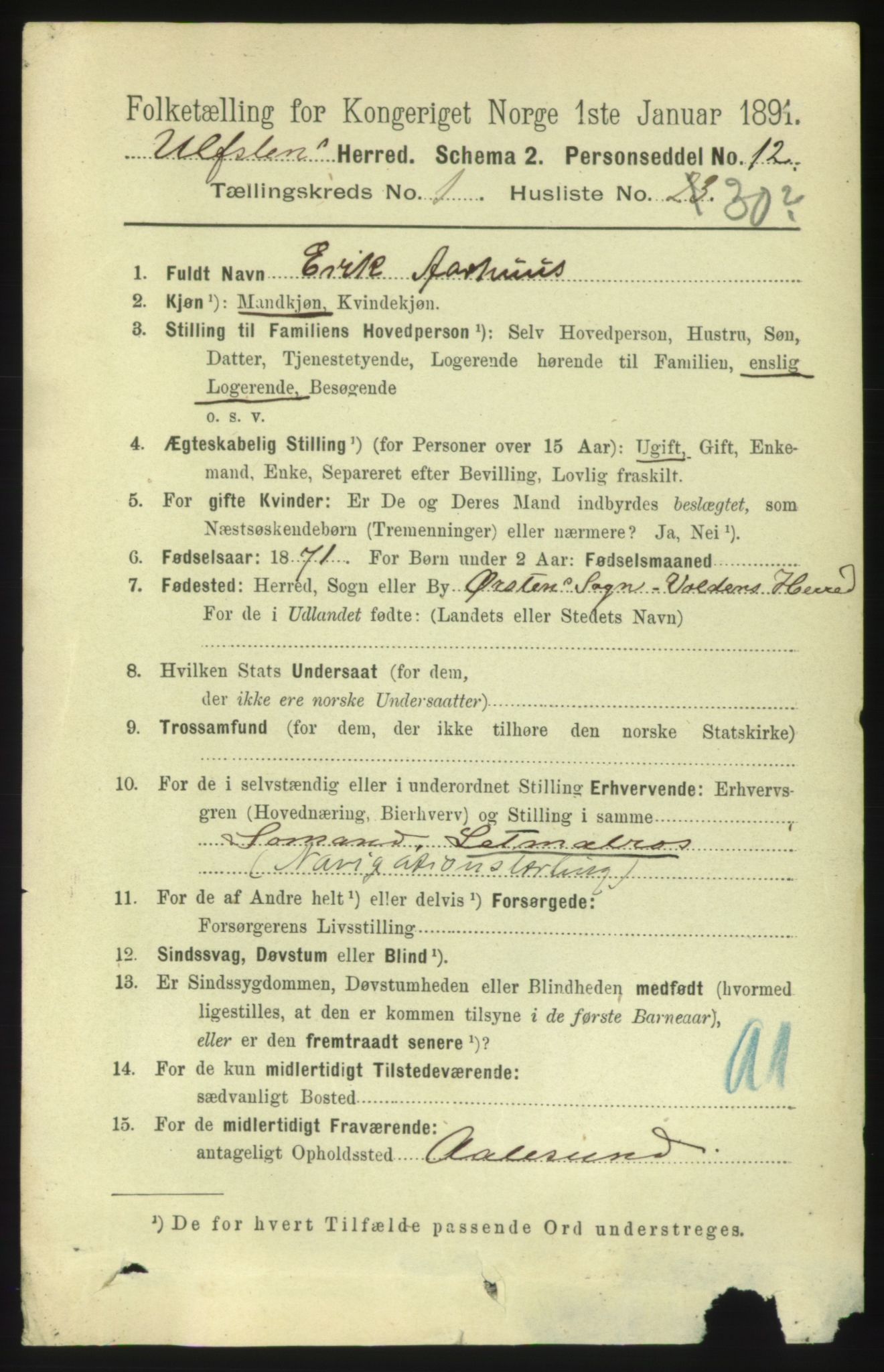 RA, 1891 census for 1516 Ulstein, 1891, p. 252