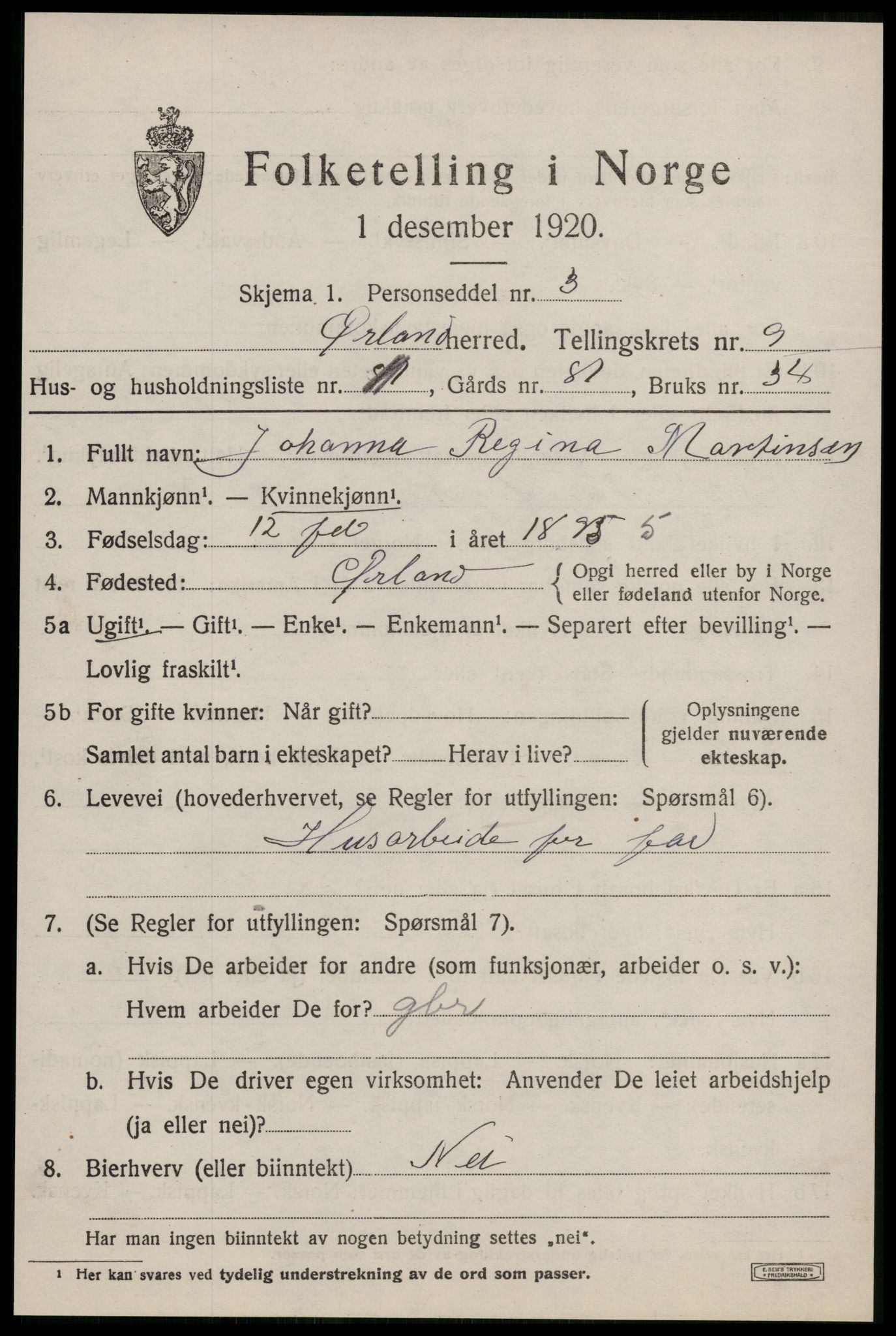 SAT, 1920 census for Ørland, 1920, p. 7839