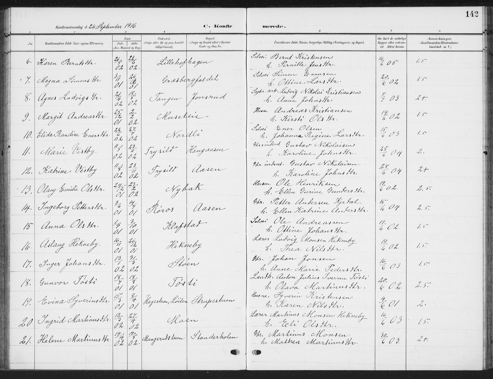 Romedal prestekontor, SAH/PREST-004/K/L0009: Parish register (official) no. 9, 1906-1929, p. 142