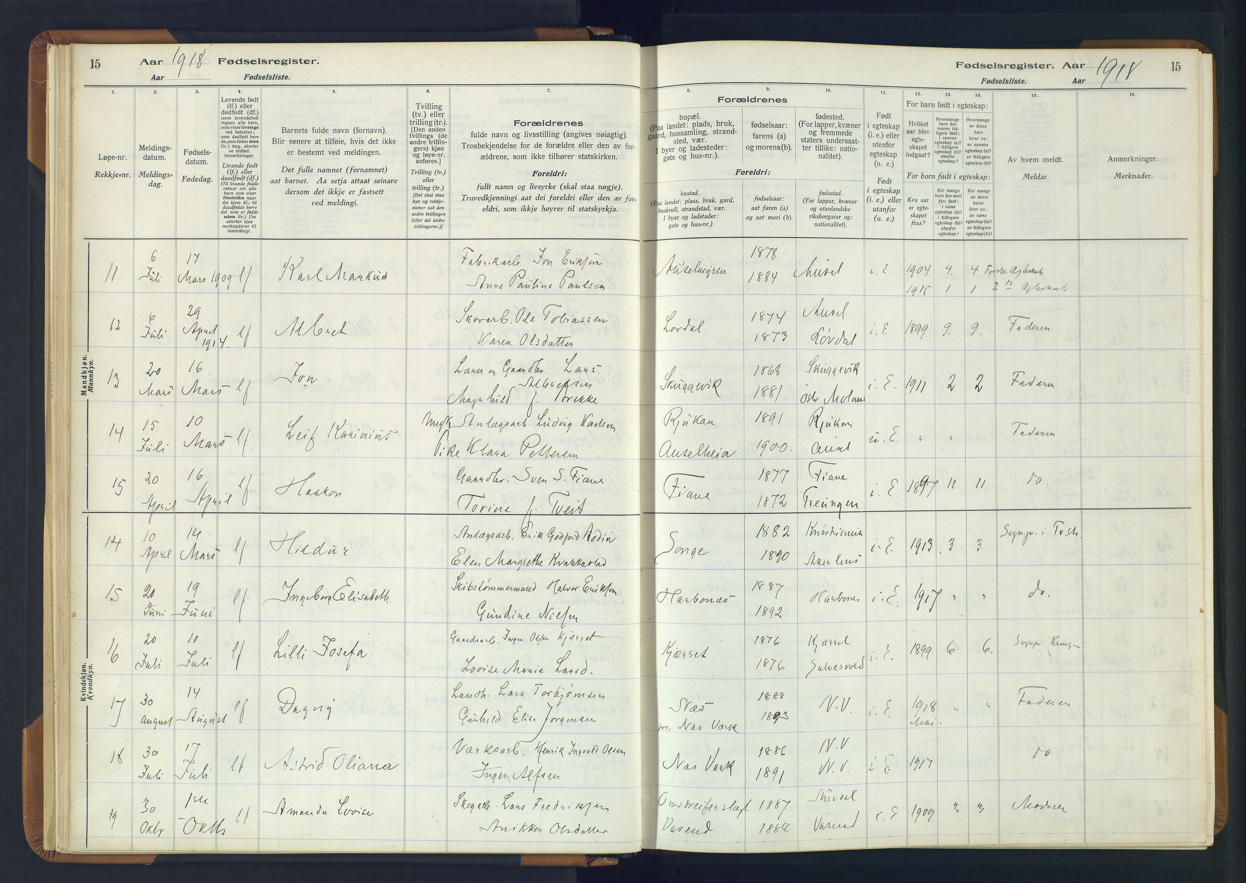 Holt sokneprestkontor, AV/SAK-1111-0021/J/Ja/L0001: Birth register no. II.4.1, 1916-1946, p. 15