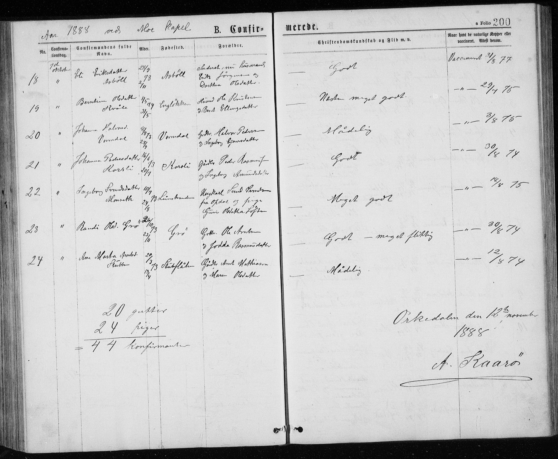 Ministerialprotokoller, klokkerbøker og fødselsregistre - Sør-Trøndelag, SAT/A-1456/671/L0843: Parish register (copy) no. 671C02, 1873-1892, p. 200