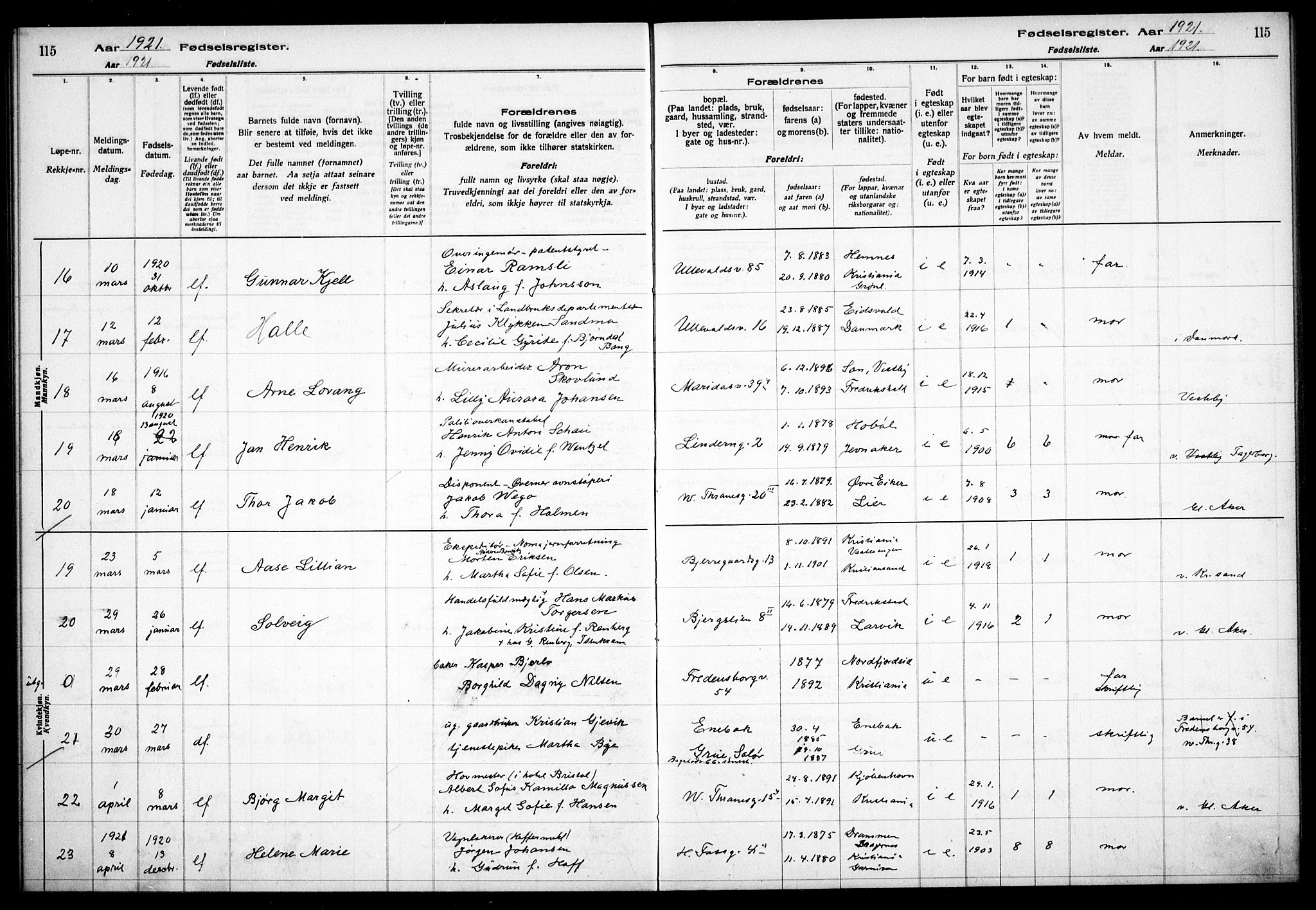 Gamle Aker prestekontor Kirkebøker, AV/SAO-A-10617a/J/L0001: Birth register no. 1, 1916-1927, p. 115