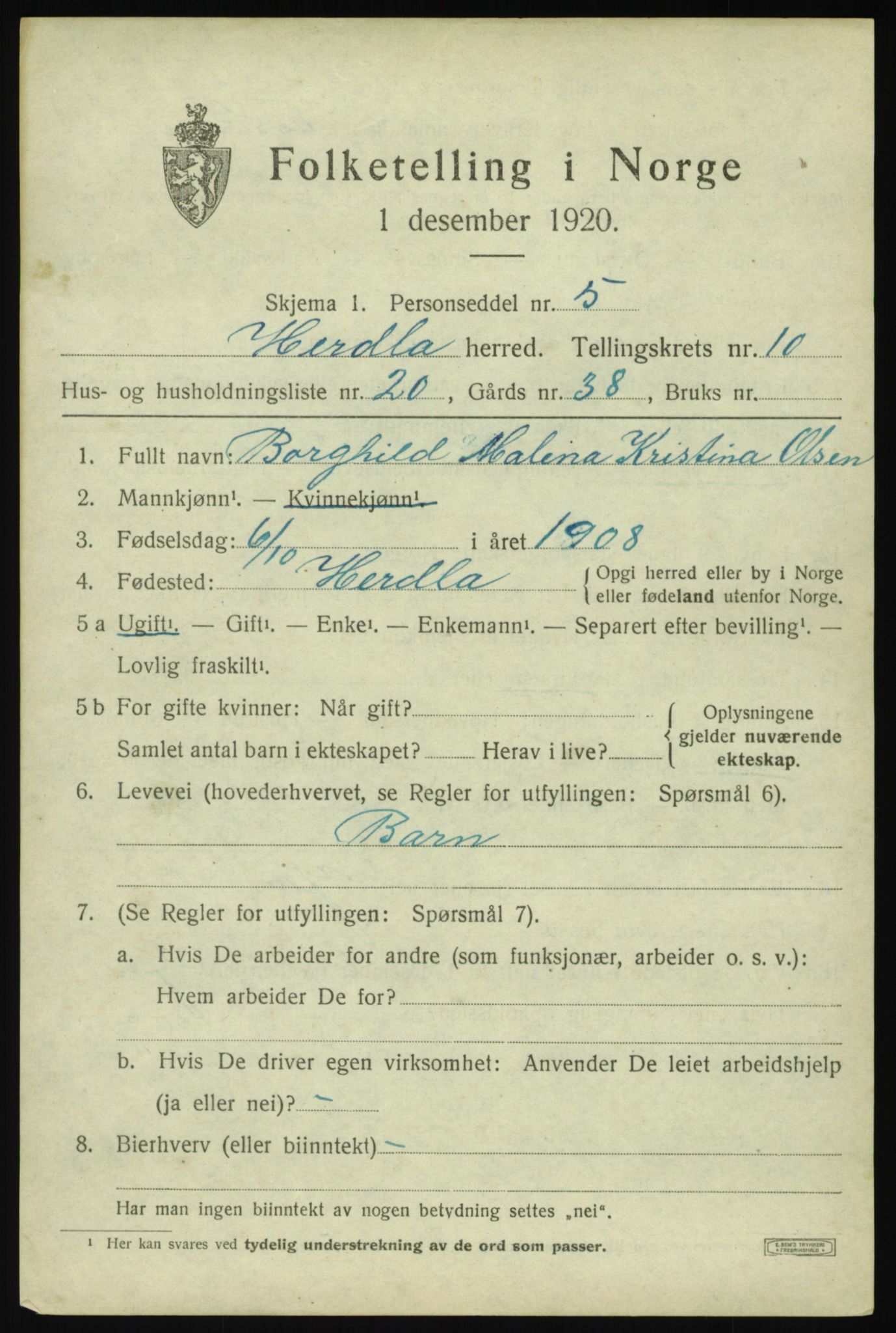 SAB, 1920 census for Herdla, 1920, p. 7517