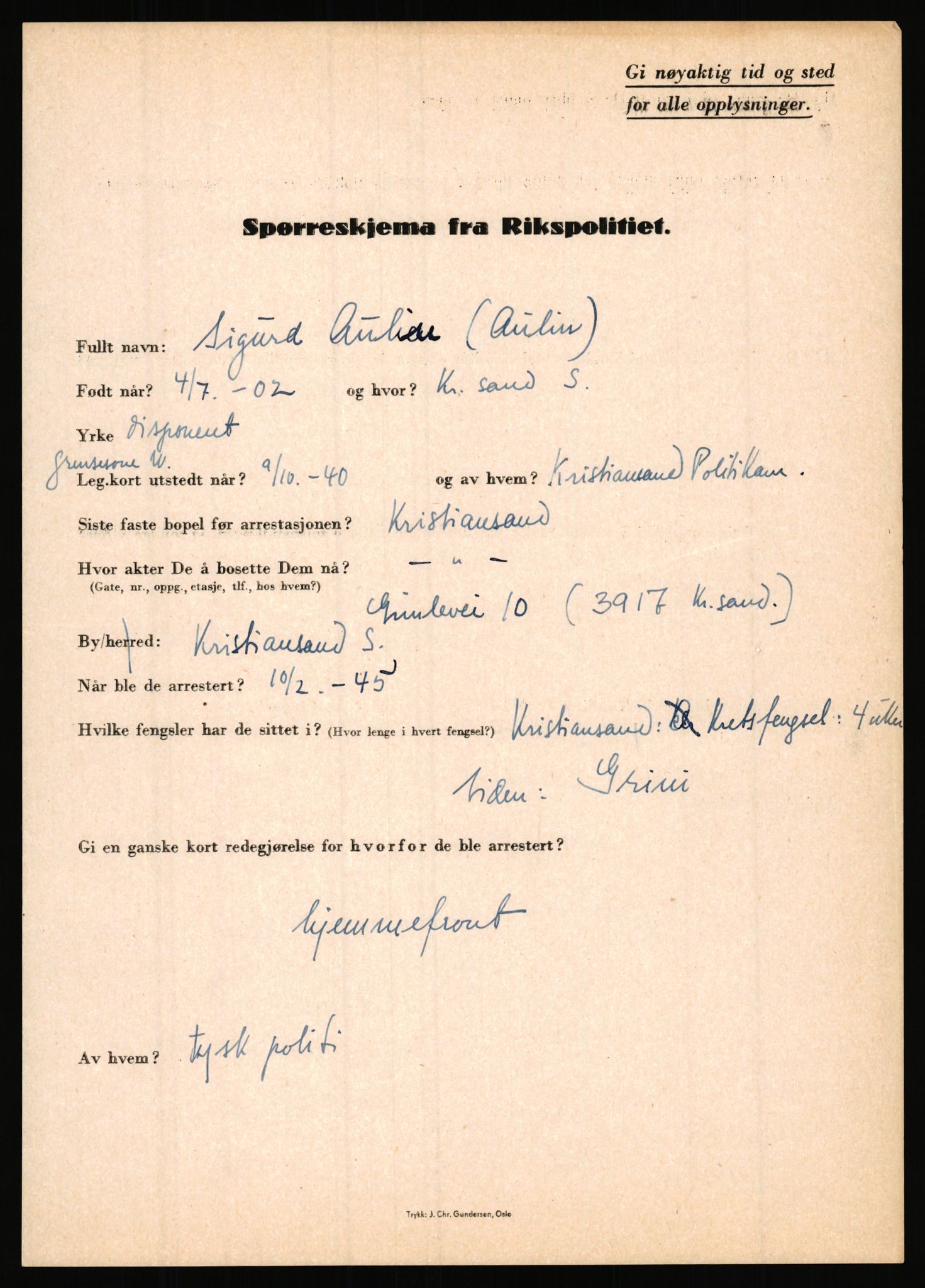 Rikspolitisjefen, AV/RA-S-1560/L/L0001: Abelseth, Rudolf - Berentsen, Odd, 1940-1945, p. 991
