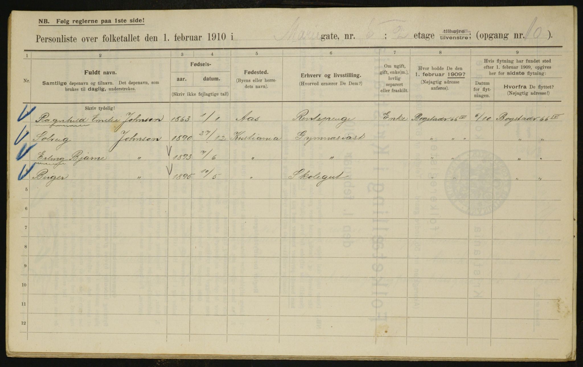 OBA, Municipal Census 1910 for Kristiania, 1910, p. 60750