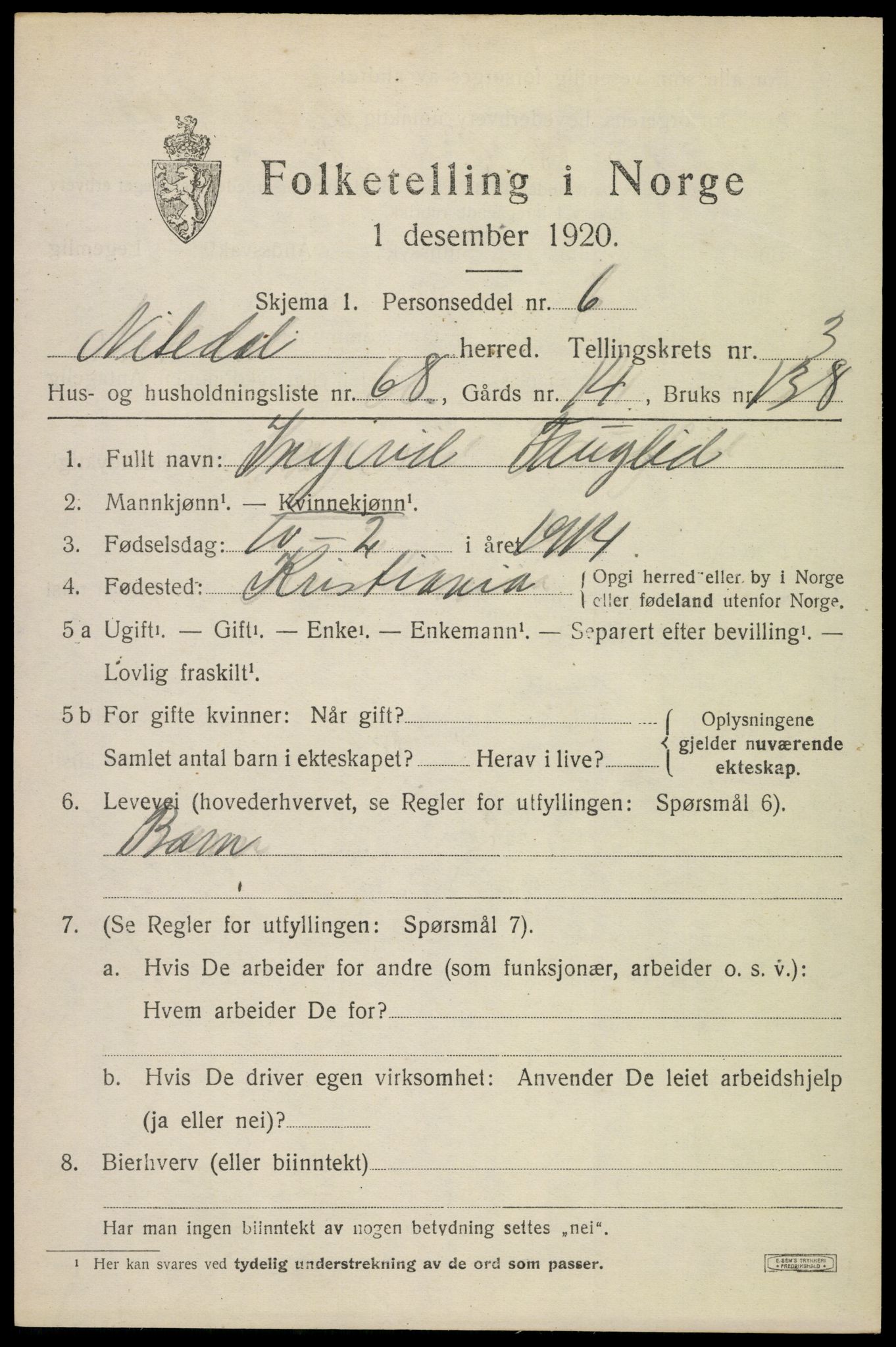 SAO, 1920 census for Nittedal, 1920, p. 4414