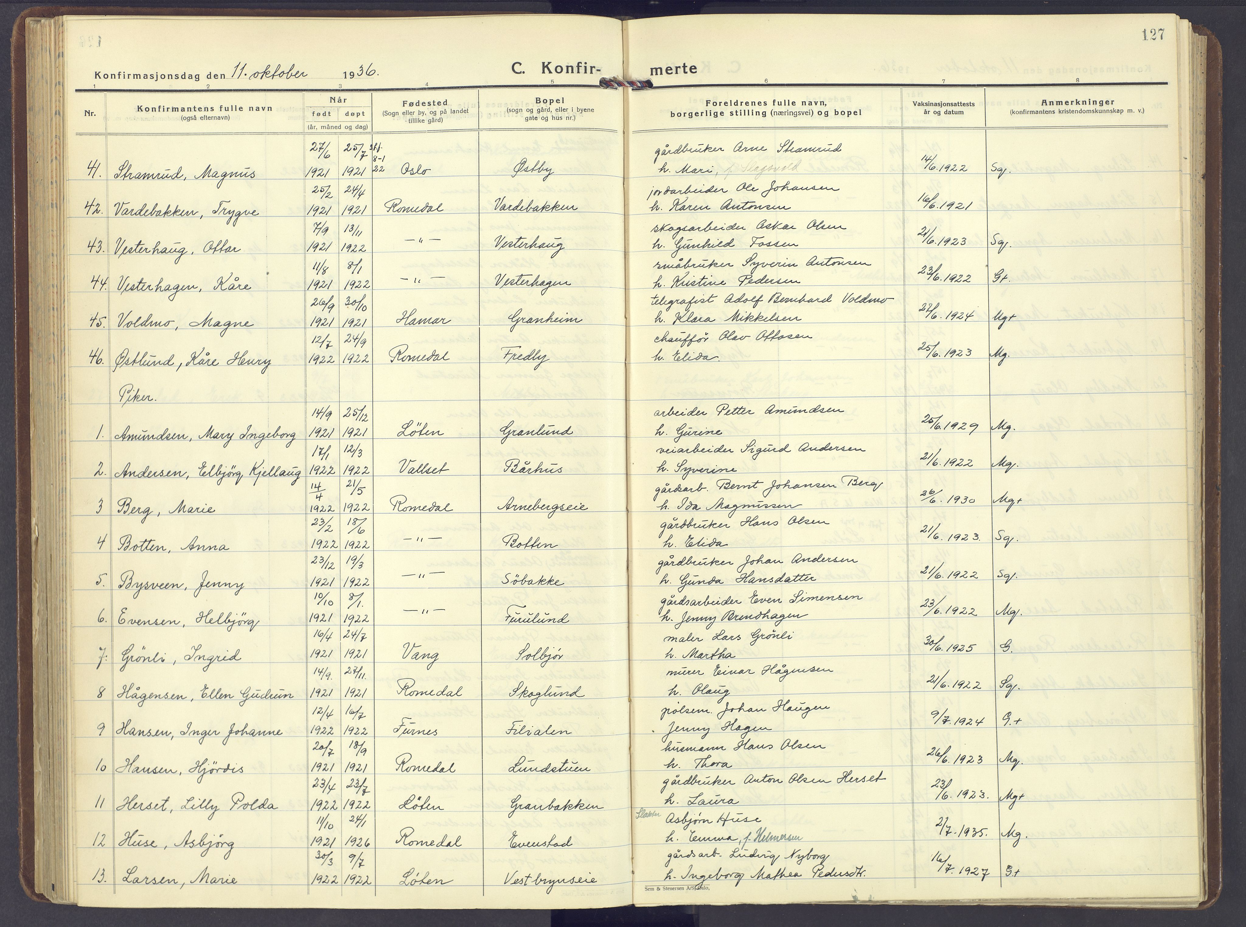 Romedal prestekontor, AV/SAH-PREST-004/K/L0014: Parish register (official) no. 14, 1936-1949, p. 127