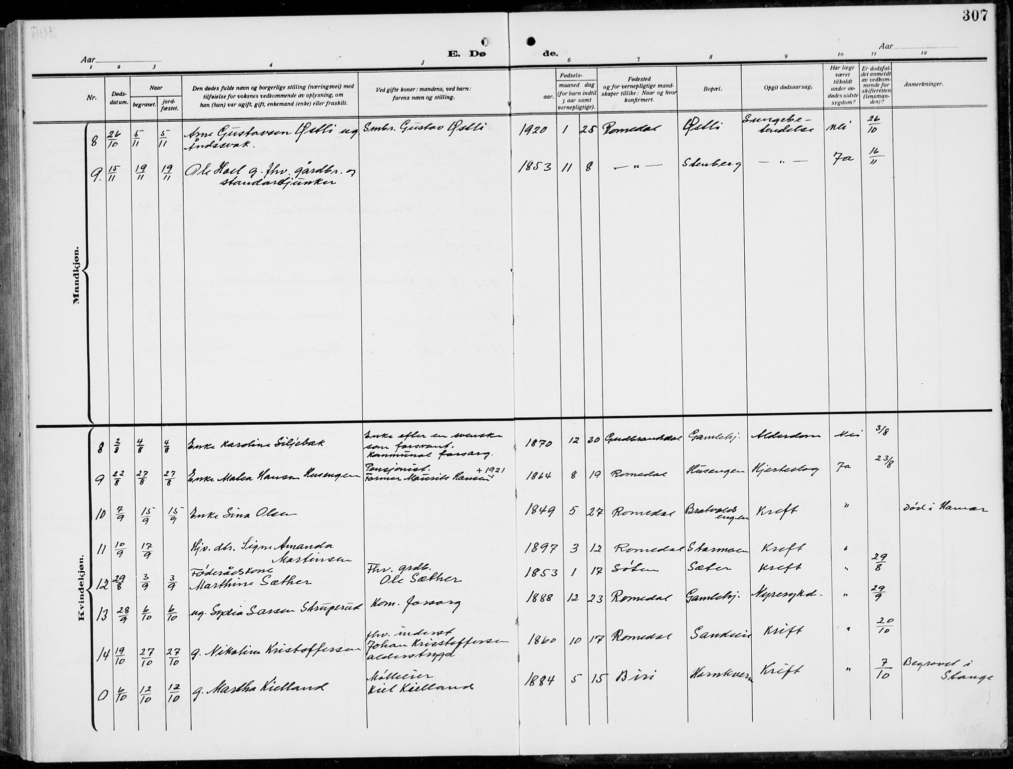 Romedal prestekontor, SAH/PREST-004/L/L0014: Parish register (copy) no. 14, 1915-1939, p. 307