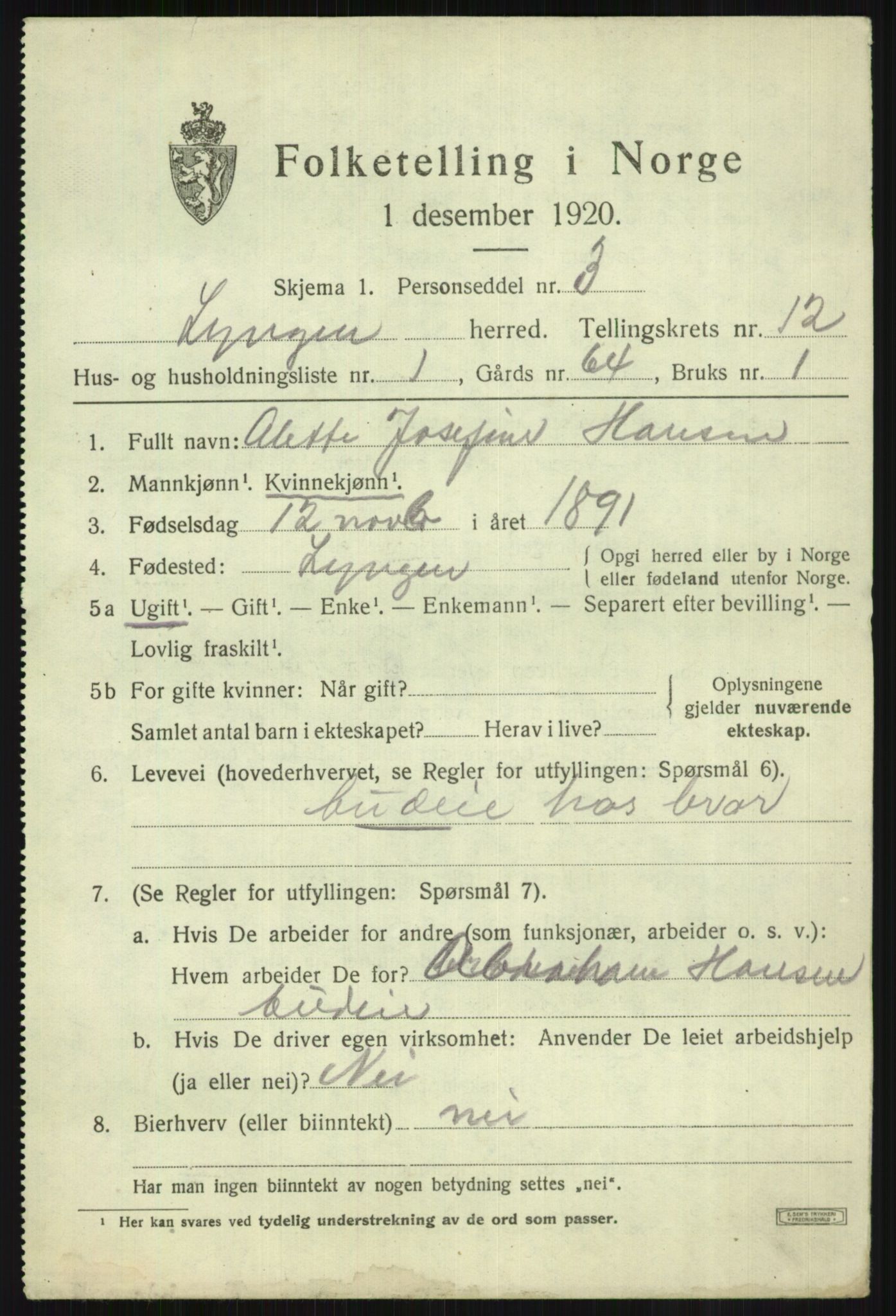 SATØ, 1920 census for Lyngen, 1920, p. 9059