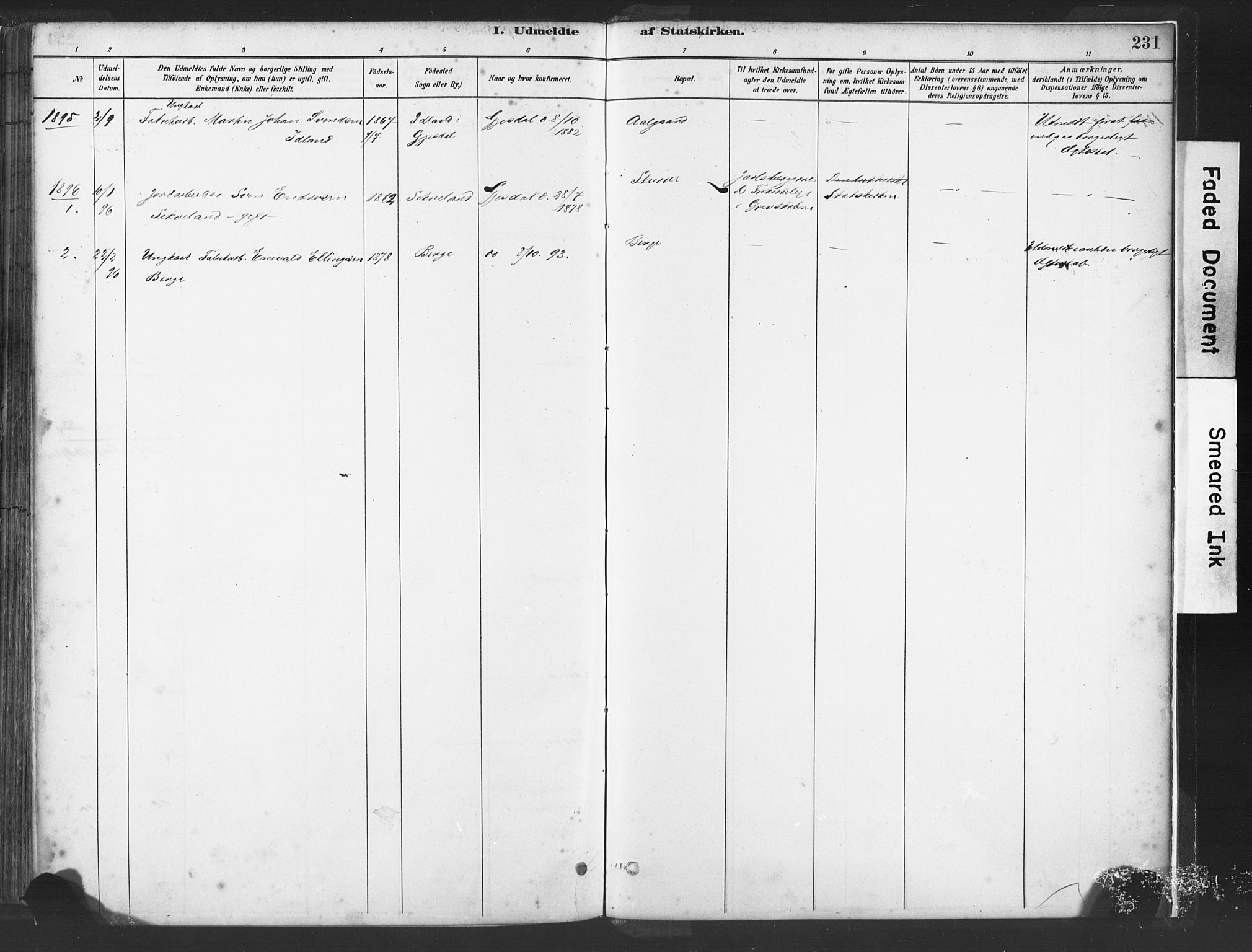 Lye sokneprestkontor, SAST/A-101794/001/30BA/L0010: Parish register (official) no. A 10, 1881-1896, p. 231