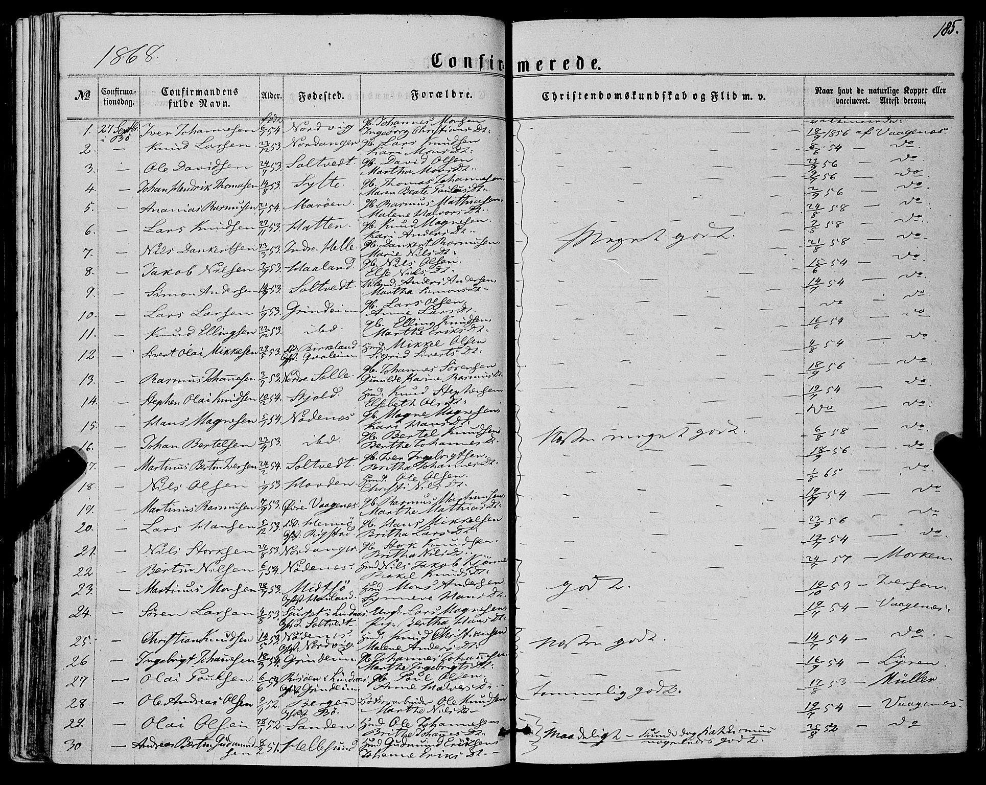 Manger sokneprestembete, SAB/A-76801/H/Haa: Parish register (official) no. A 7, 1860-1870, p. 185