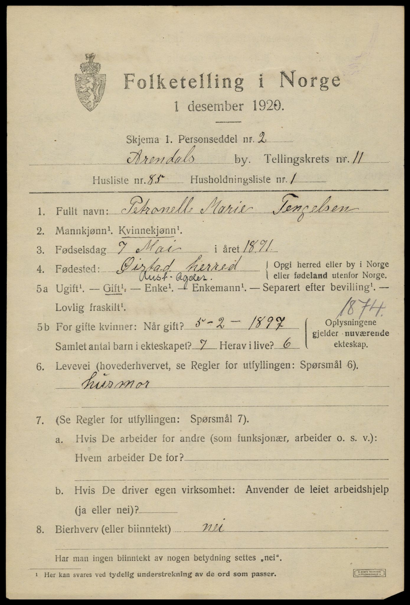 SAK, 1920 census for Arendal, 1920, p. 19040