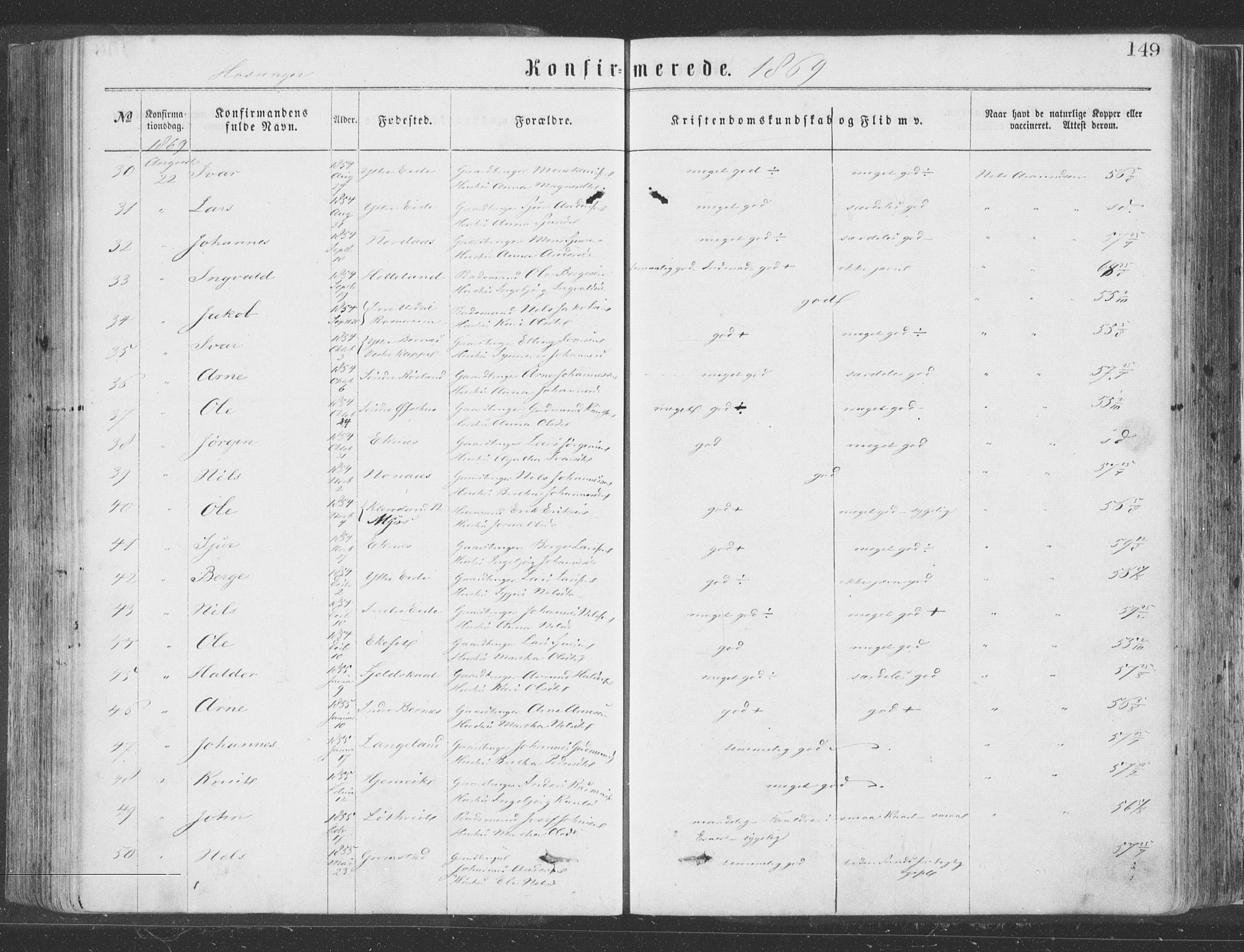 Hosanger sokneprestembete, AV/SAB-A-75801/H/Haa: Parish register (official) no. A 9, 1864-1876, p. 149