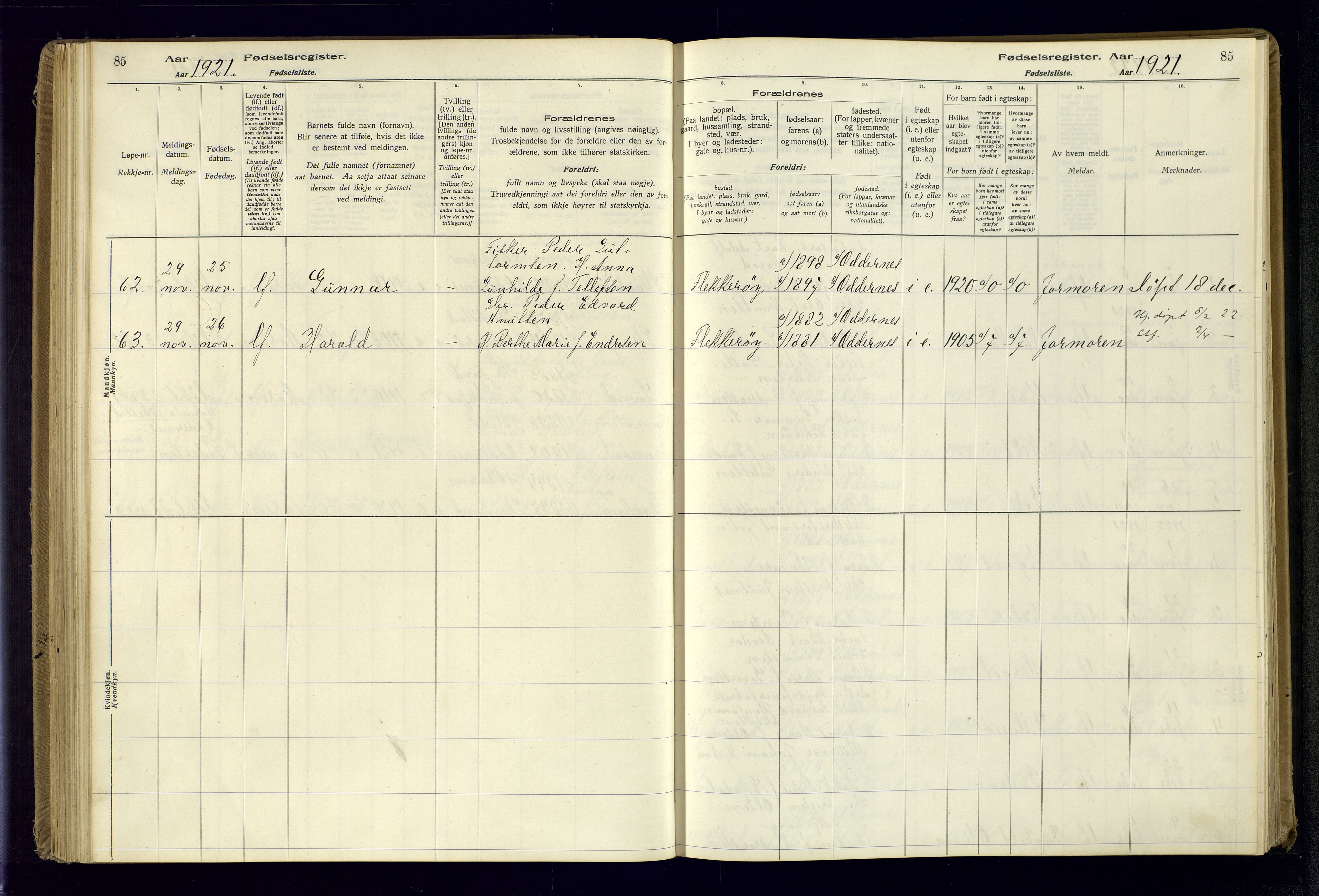 Oddernes sokneprestkontor, AV/SAK-1111-0033/J/Ja/L0001: Birth register no. 1, 1916-1935, p. 85