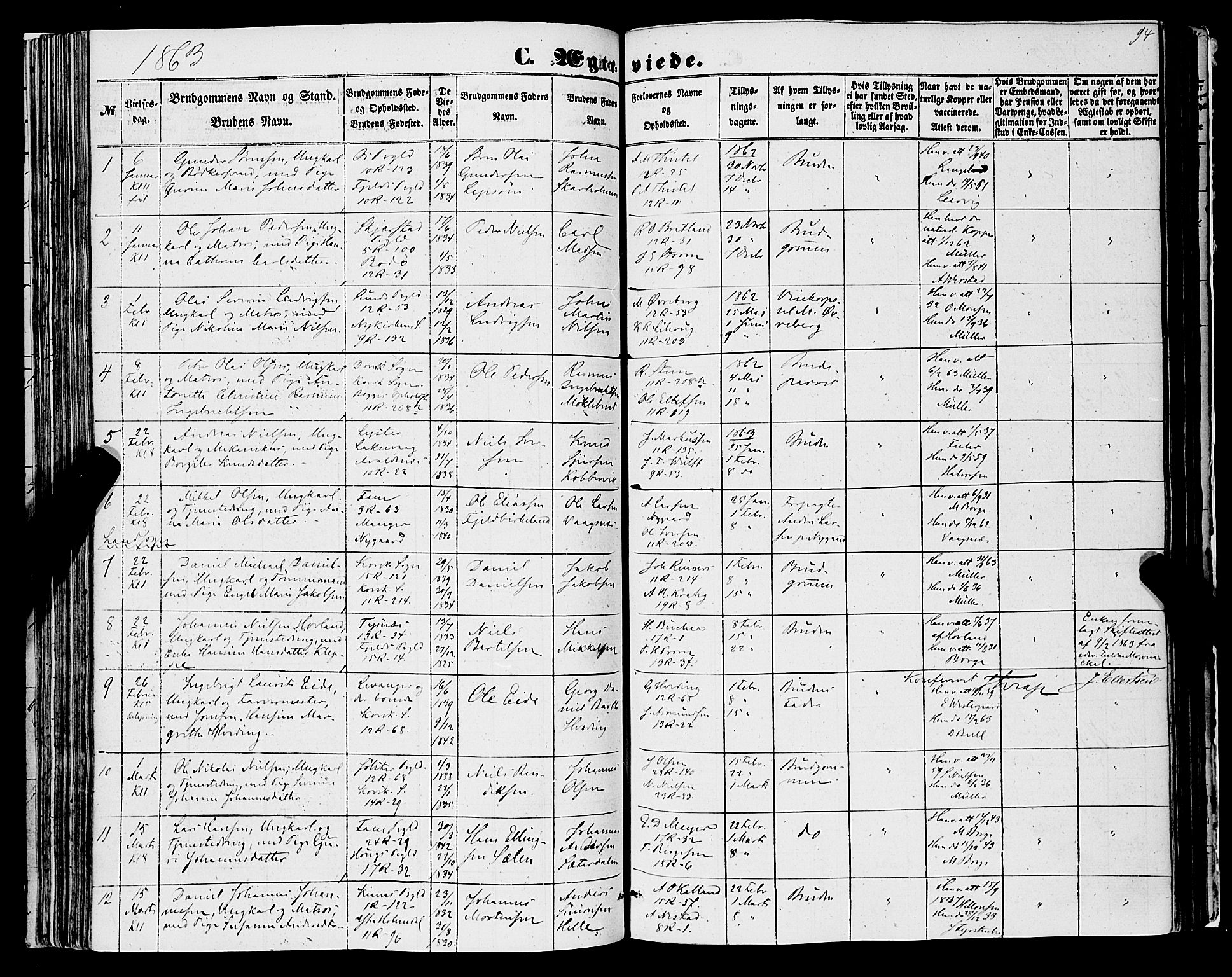 Domkirken sokneprestembete, SAB/A-74801/H/Haa/L0034: Parish register (official) no. D 2, 1853-1874, p. 94